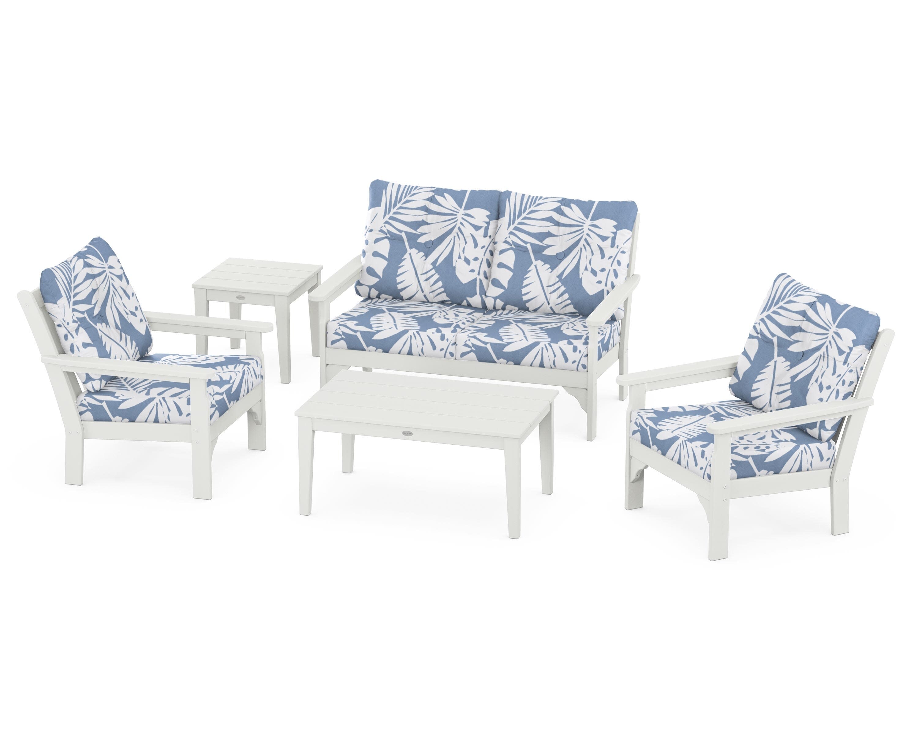 Vineyard 5-Piece Deep Seating Set in Vintage White / Leaf Sky Blue