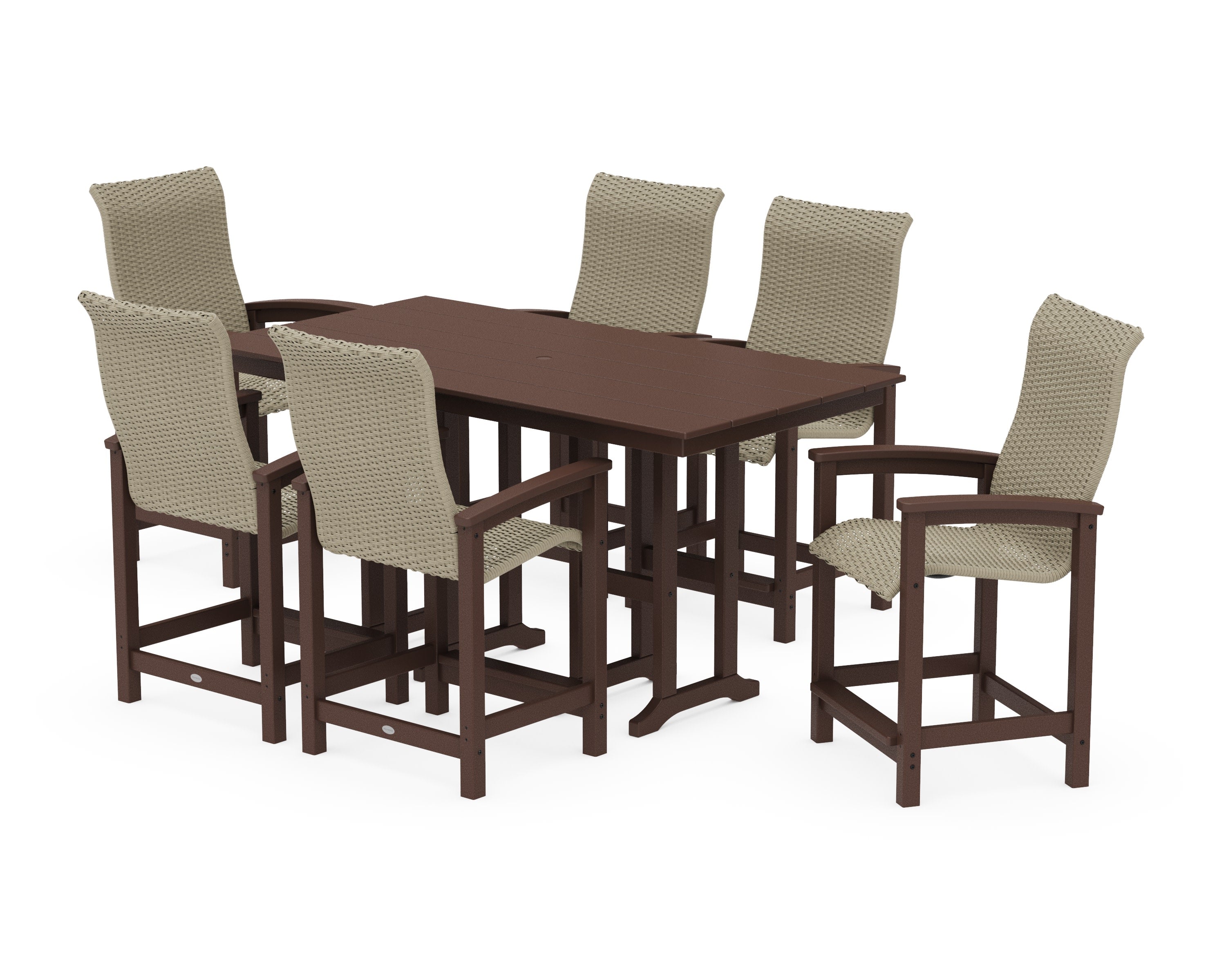 Coastal Woven High-Back Arm Chair 7-Piece Farmhouse Counter Set in Mahogany / Dune Grass