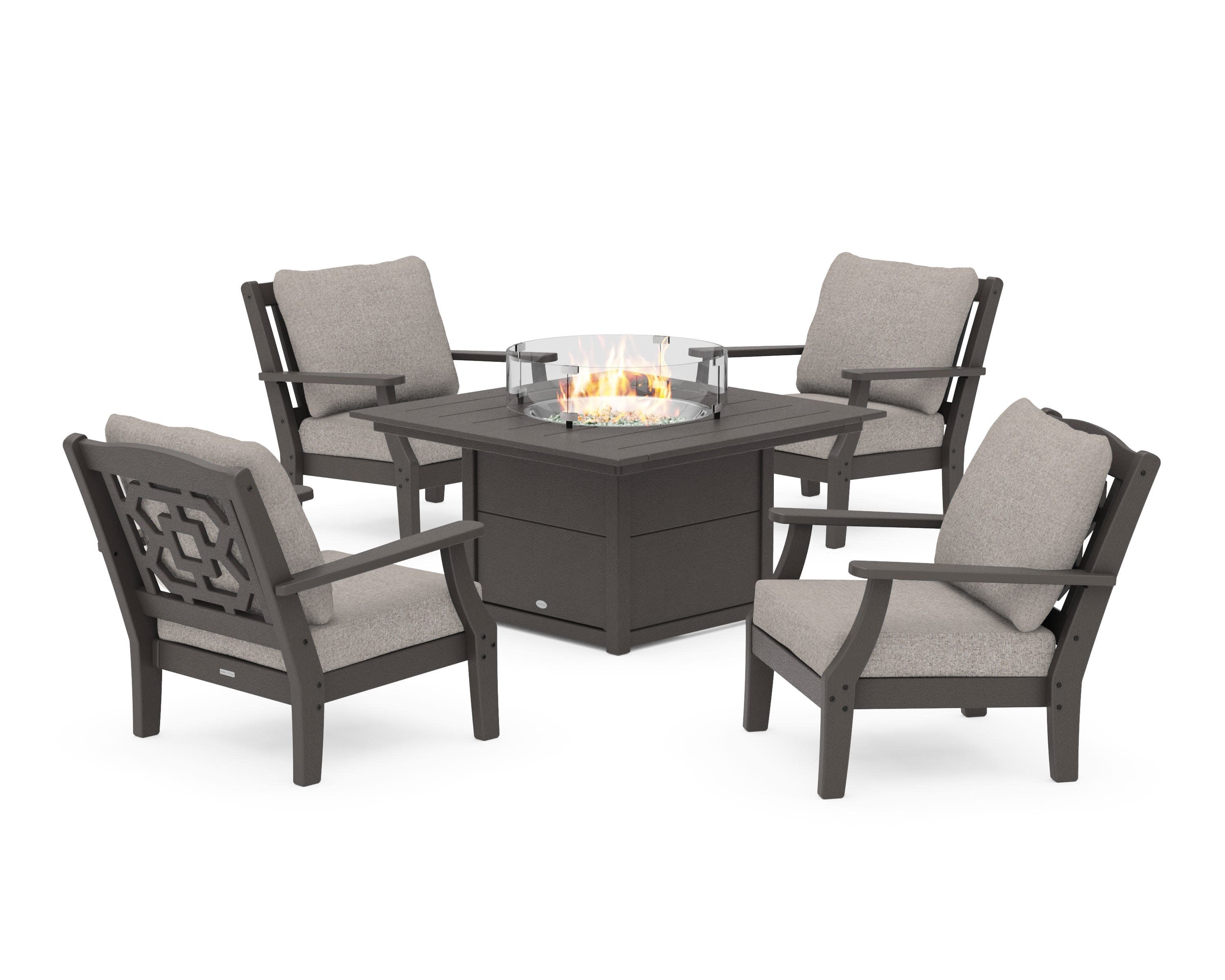 Chinoiserie 5-Piece Deep Seating Set with Fire Pit Table in Vintage Coffee / Weathered Tweed