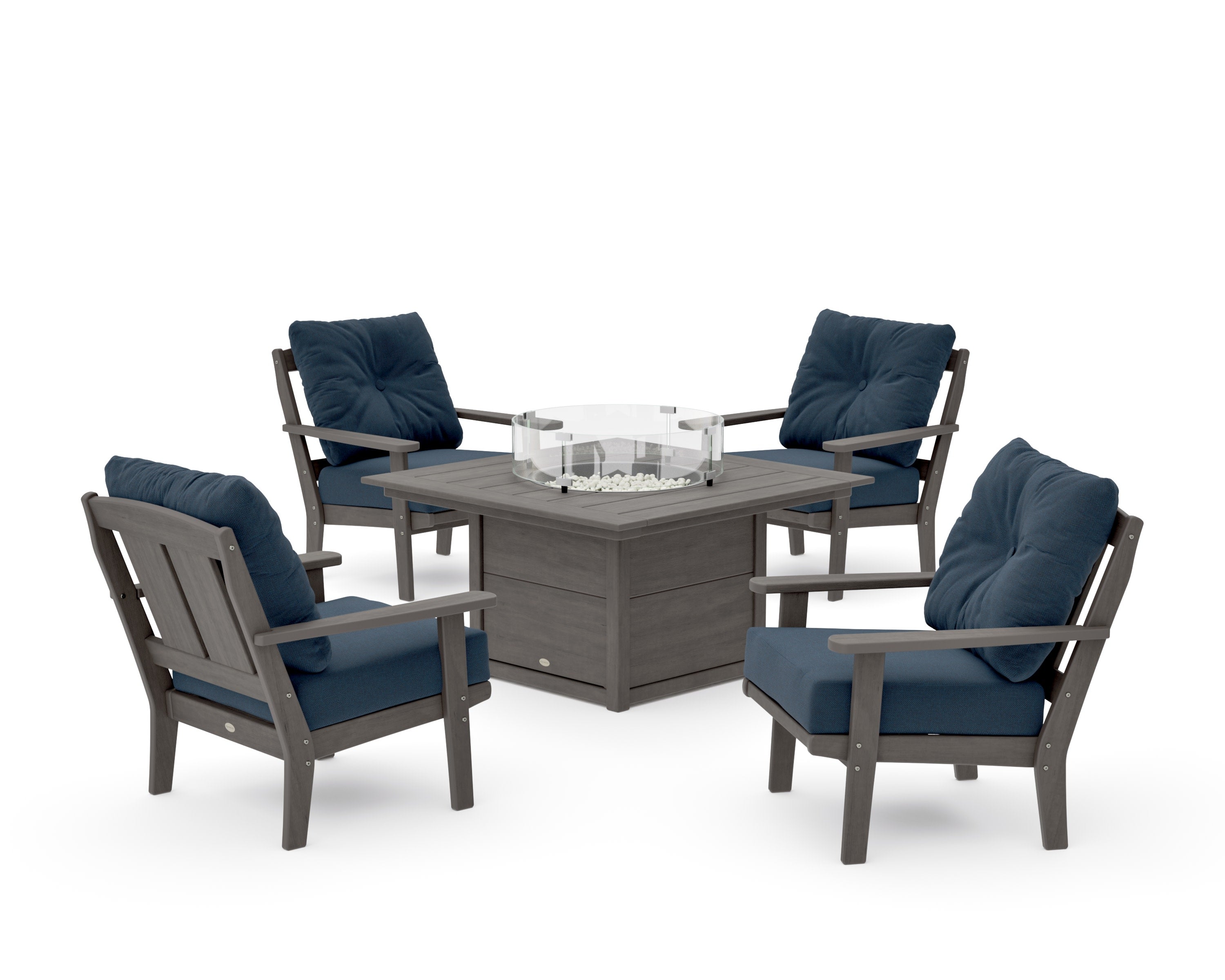 Mission 5-Piece Deep Seating Set with Fire Pit Table in Driftwood / Marine Indigo