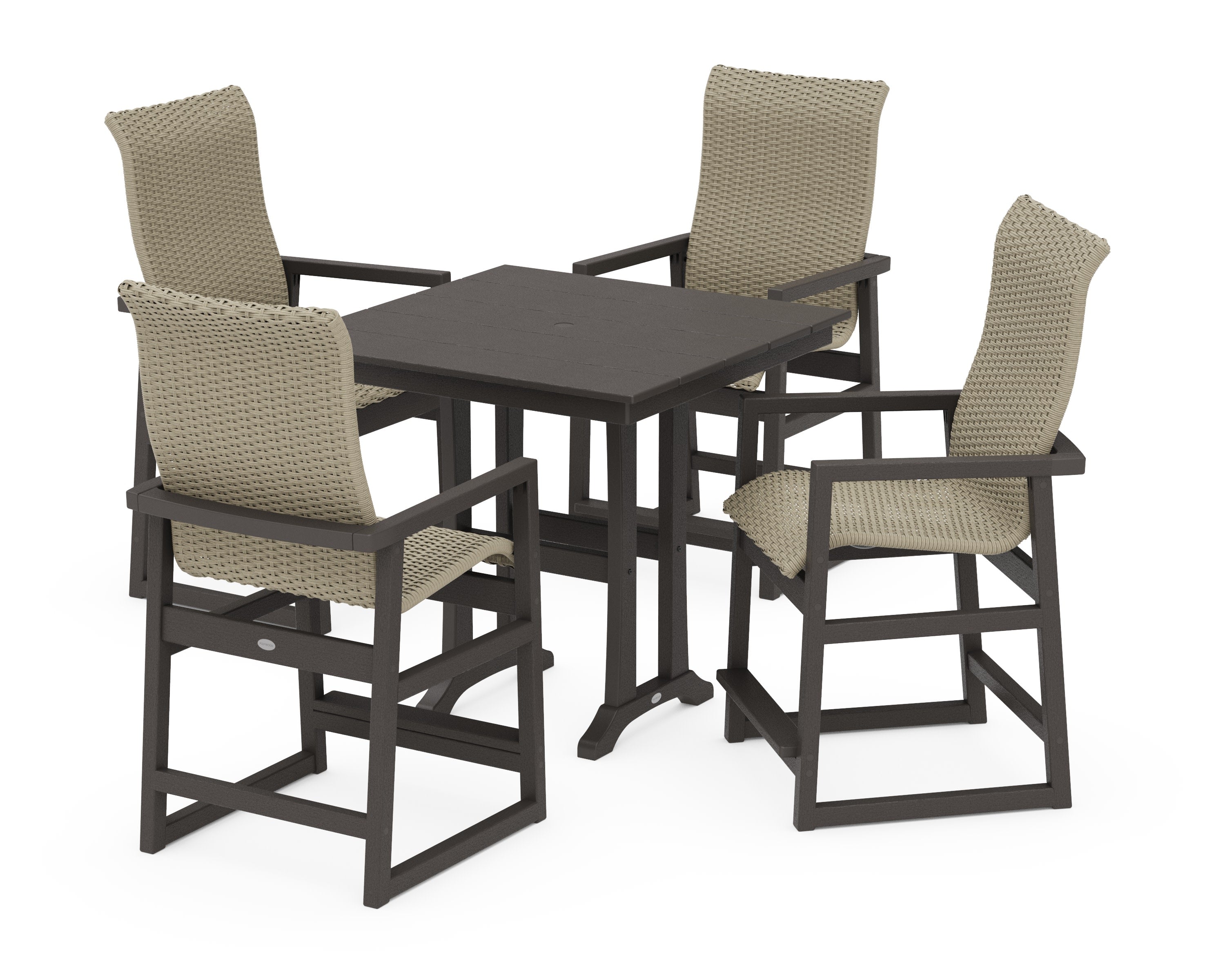 EDGE Woven Highback 5-Piece Farmhouse Counter Set with Trestle Legs in Vintage Coffee / Dune Grass