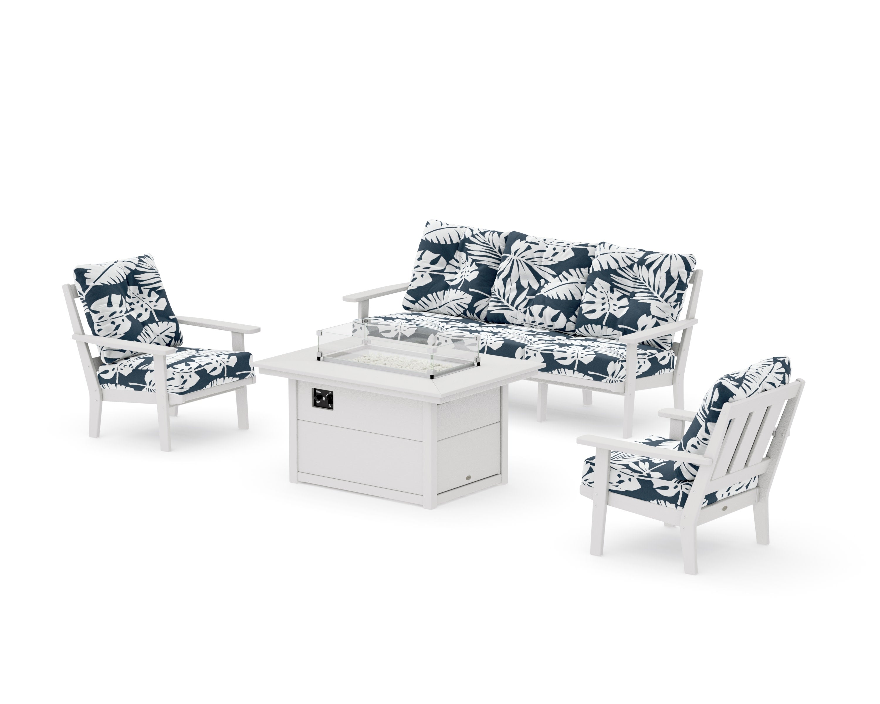 Oxford Deep Seating Fire Pit Table Set in Vintage White / Leaf Marine Indigo