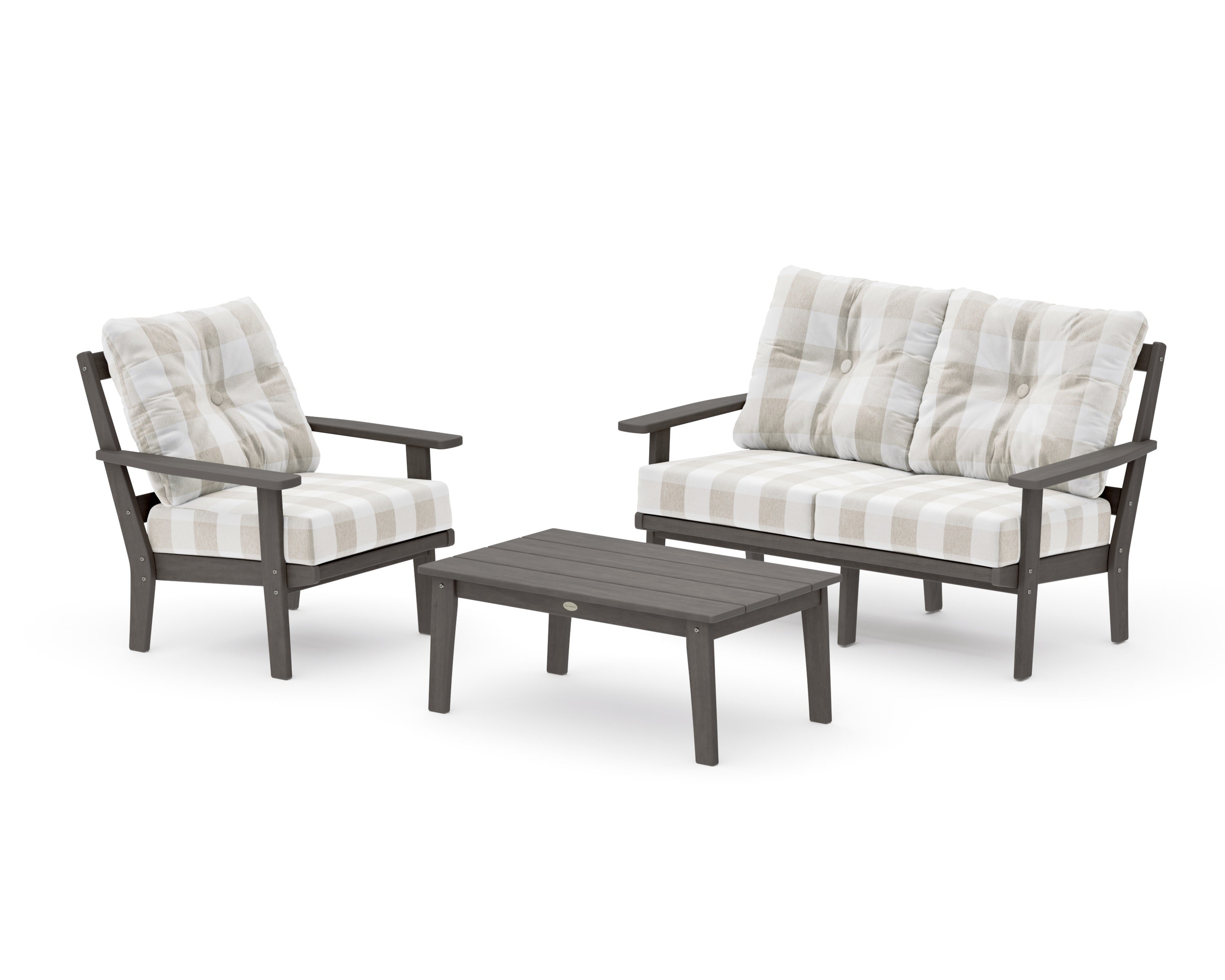 Prairie 3-Piece Deep Seating Set with Loveseat in Driftwood / Buffalo Plaid Dune Burlap