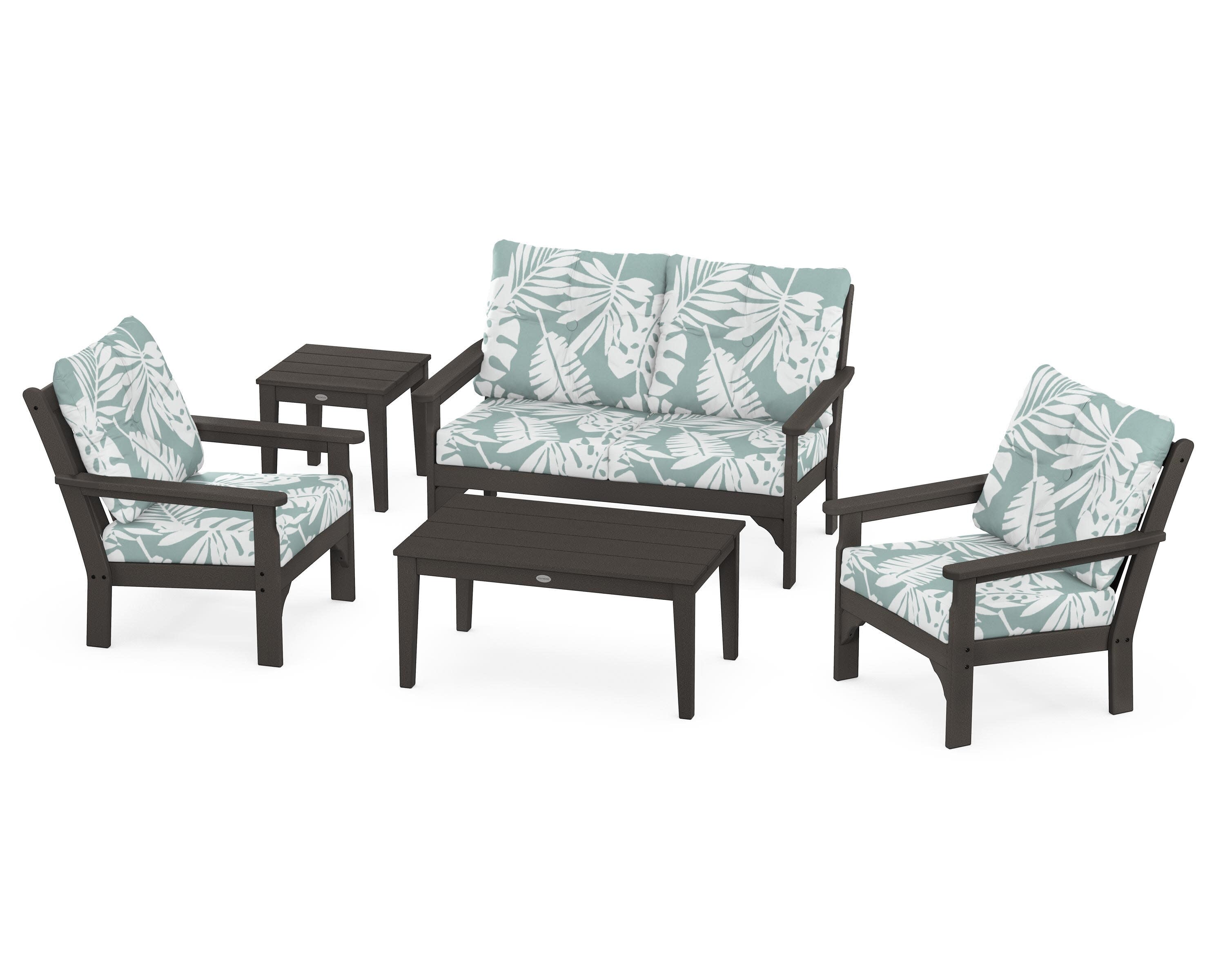 Vineyard 5-Piece Deep Seating Set in Vintage Coffee / Leaf Glacier Spa