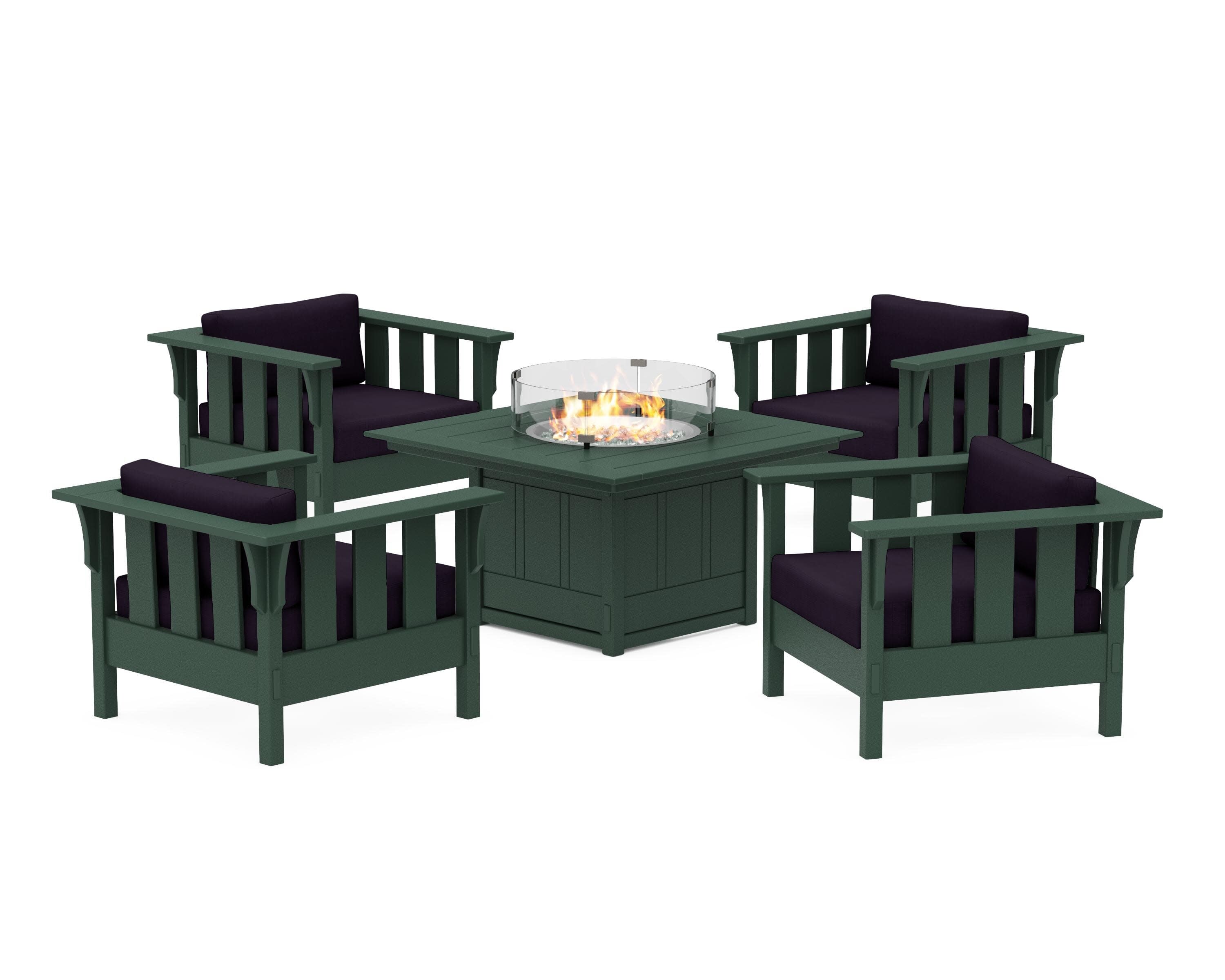 Acadia 5-Piece Deep Seating Set with Fire Pit Table in Green / Navy Linen
