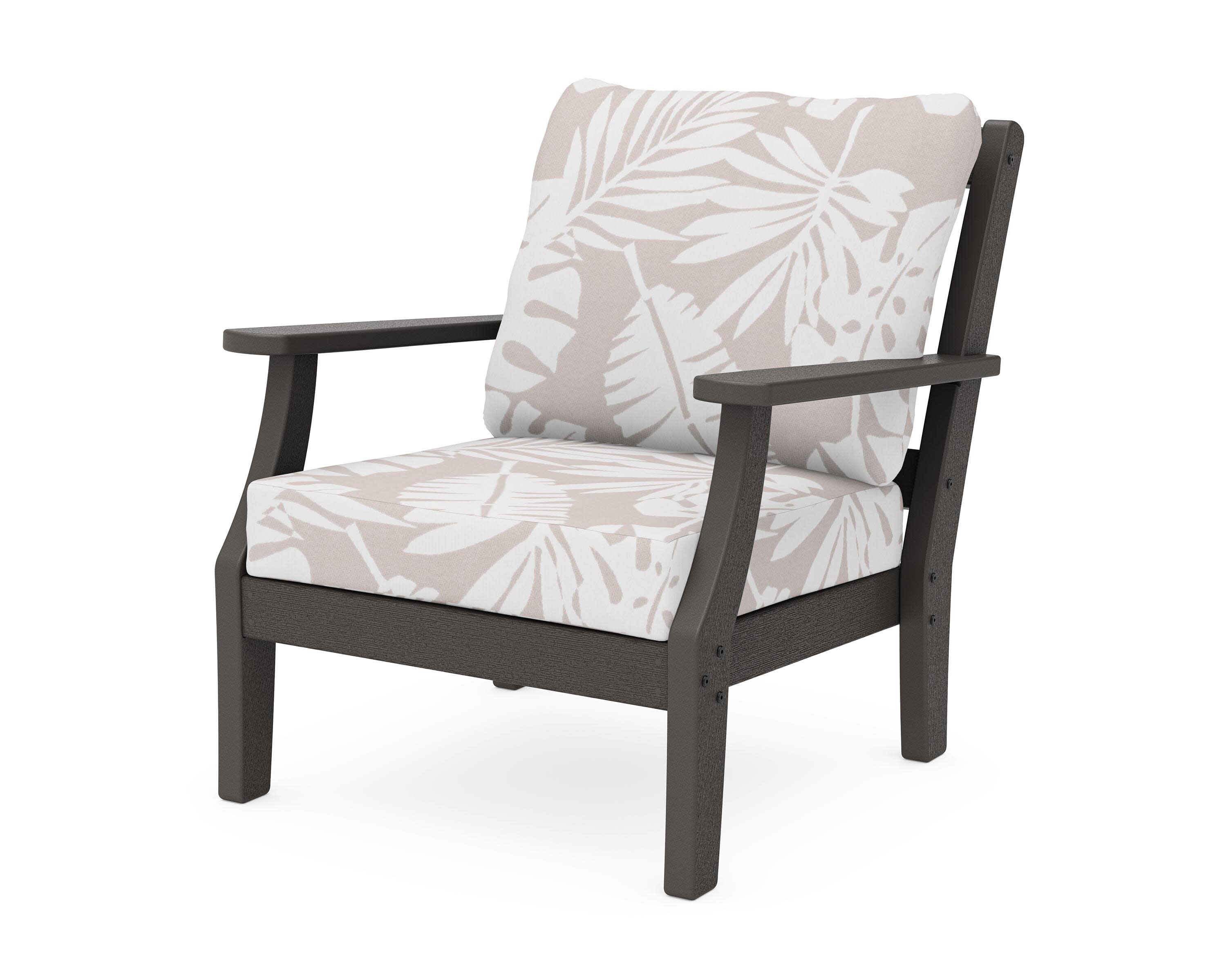 Chinoiserie Deep Seating Chair in Vintage Coffee / Leaf Dune Burlap