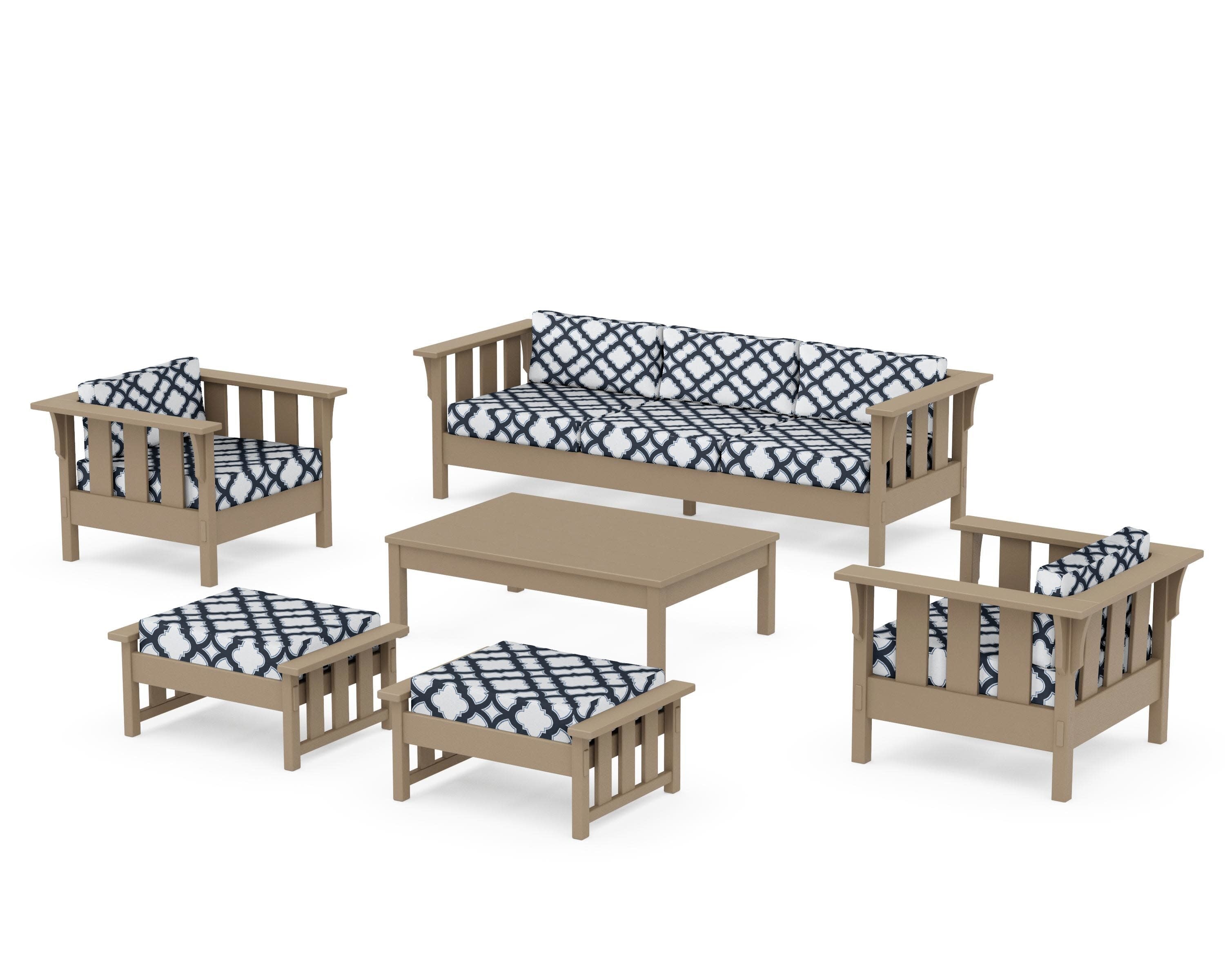 Acadia 6-Piece Lounge Sofa Set in Vintage Sahara / Trellis Marine Indigo