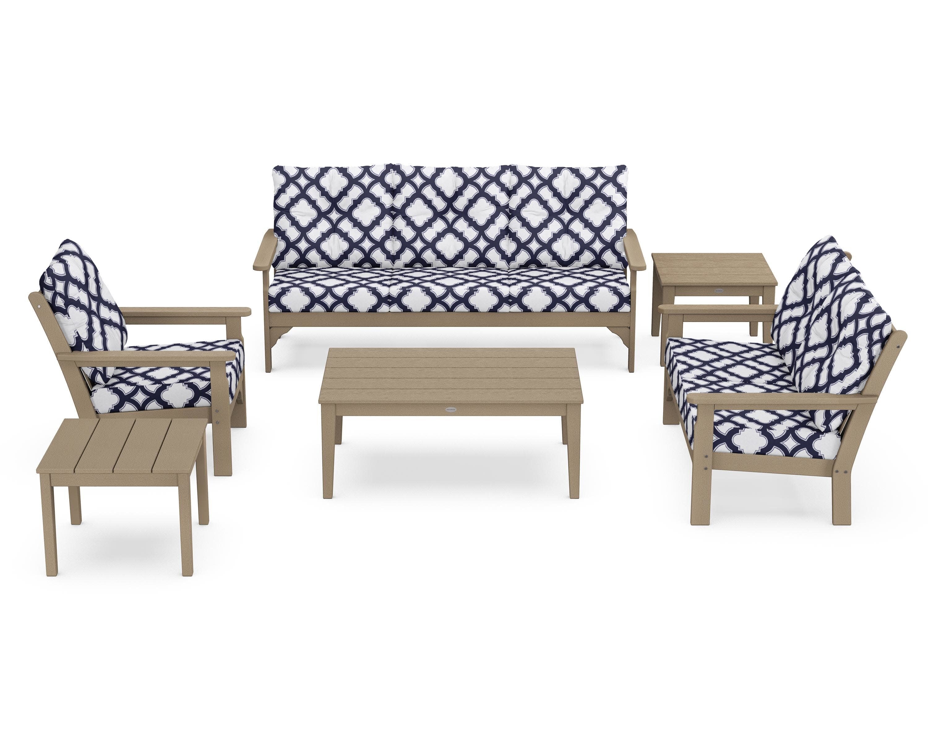 Vineyard 6-Piece Deep Seating Set in Vintage Sahara / Trellis Navy