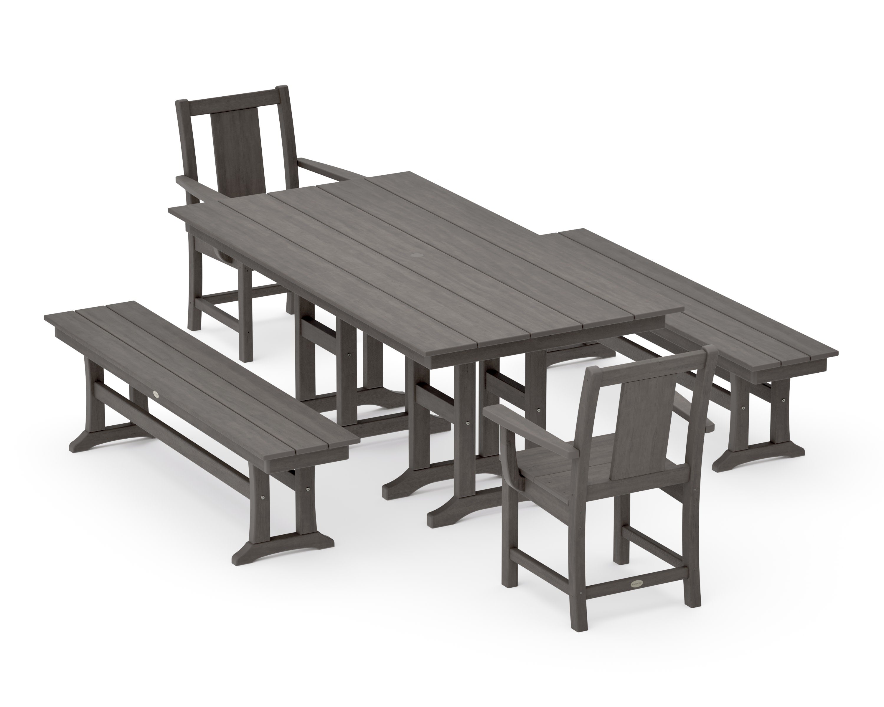 Prairie 5-Piece Farmhouse Dining Set with Benches in Driftwood