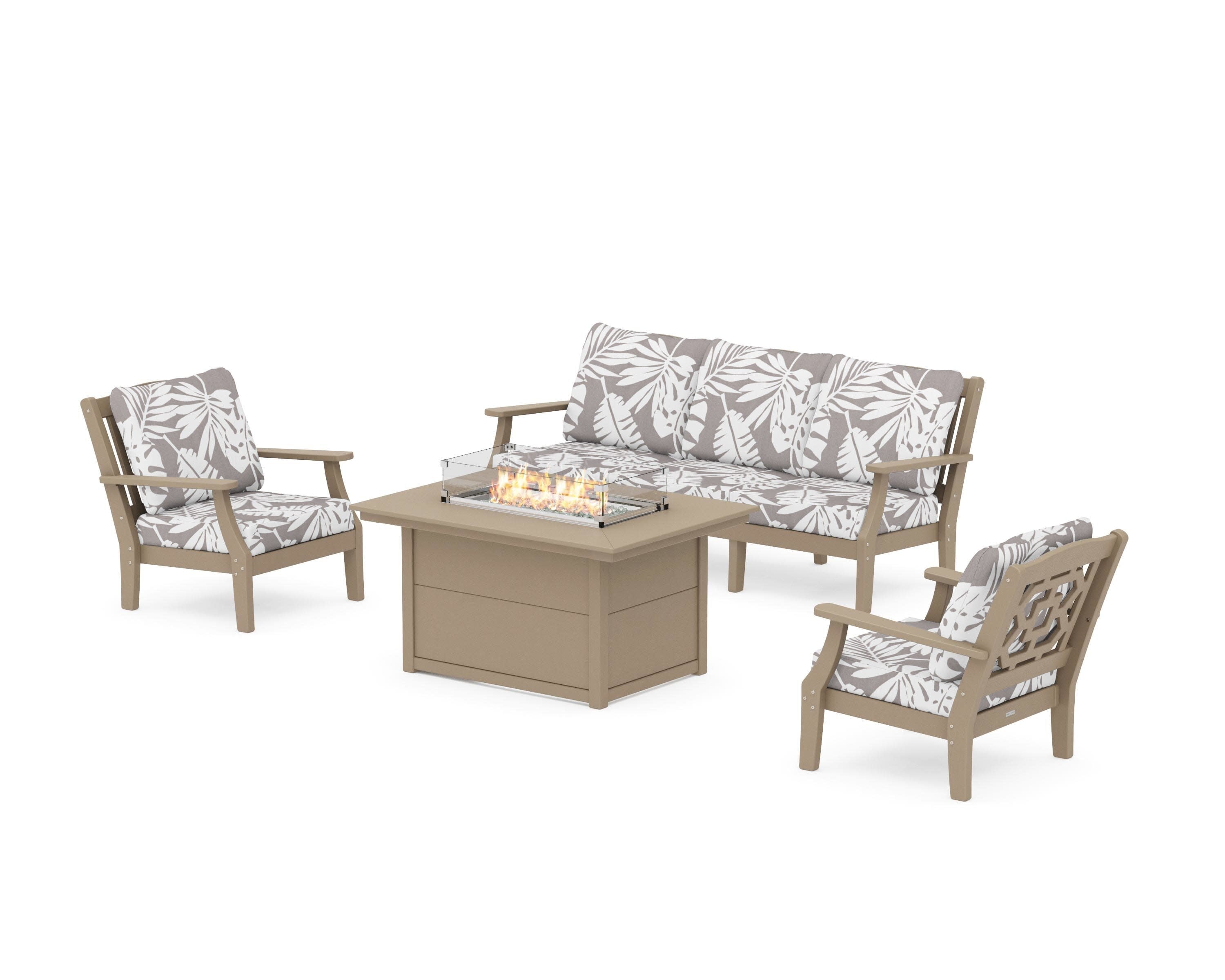 Chinoiserie Deep Seating Fire Pit Table Set in Vintage Sahara / Leaf Grey Mist