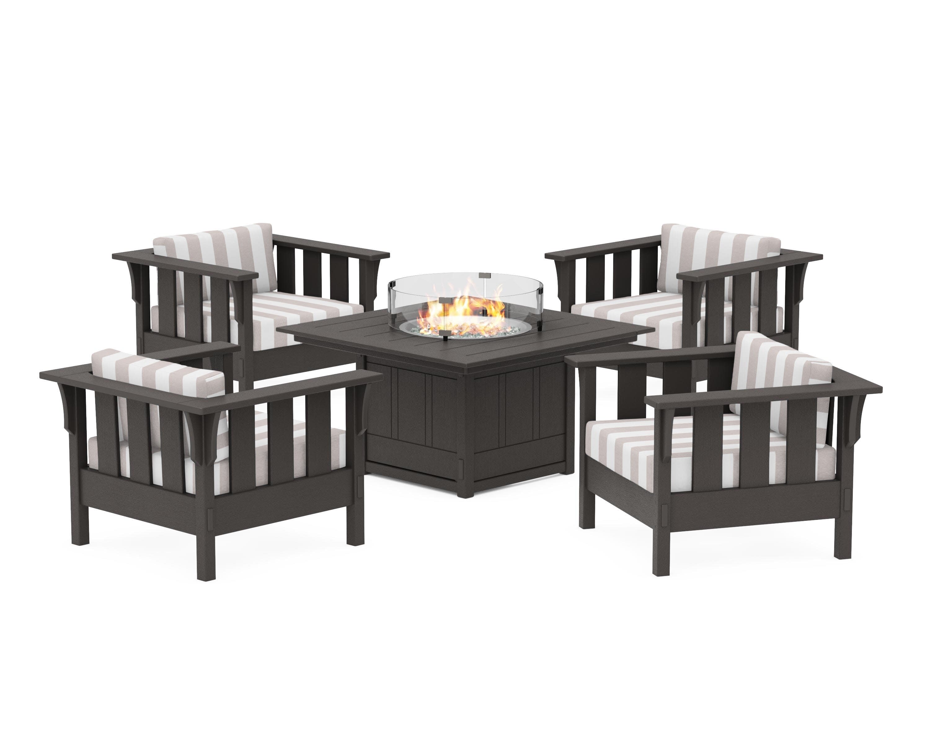 Acadia 5-Piece Deep Seating Set with Fire Pit Table in Vintage Coffee / Cabana Stripe Dune Burlap