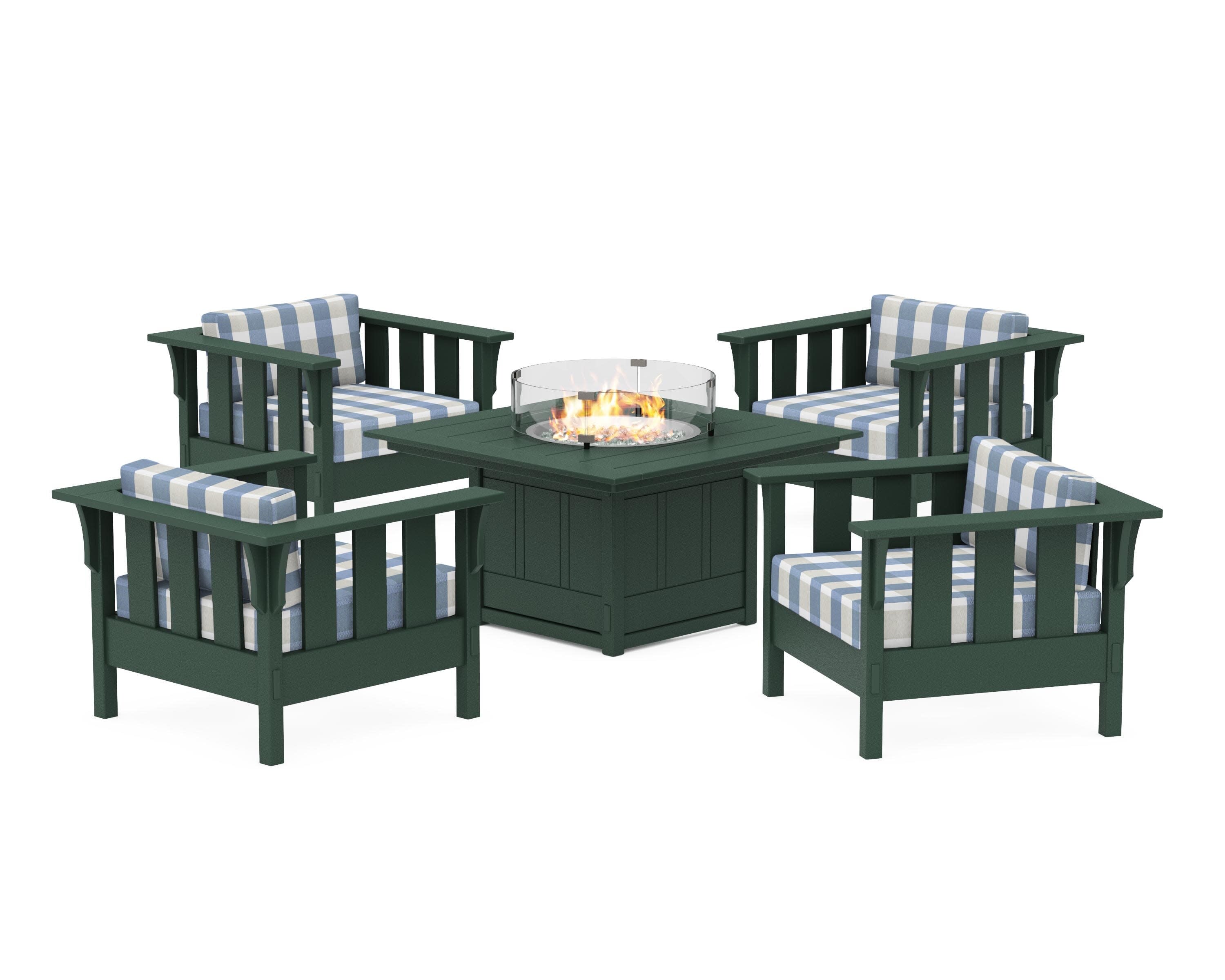 Acadia 5-Piece Deep Seating Set with Fire Pit Table in Green / Buffalo Plaid Sky Blue