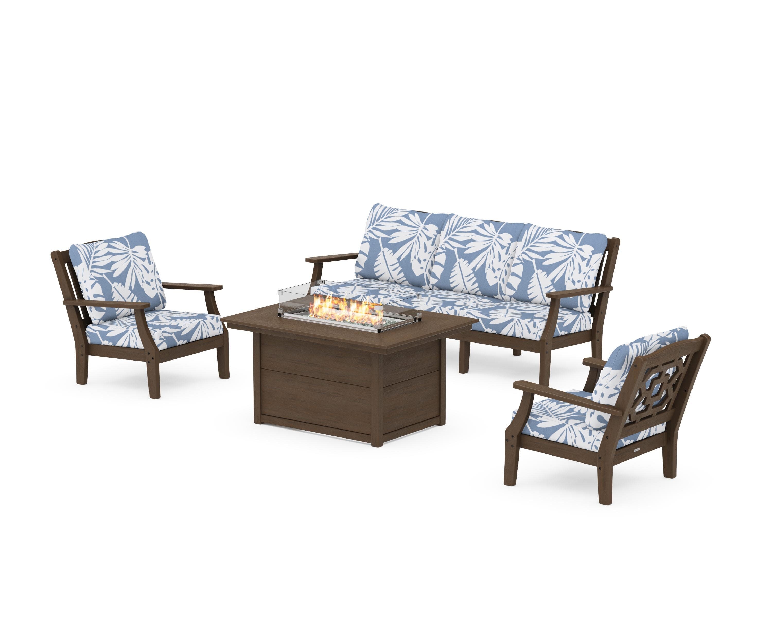 Chinoiserie Deep Seating Fire Pit Table Set in Kona / Leaf Sky Blue