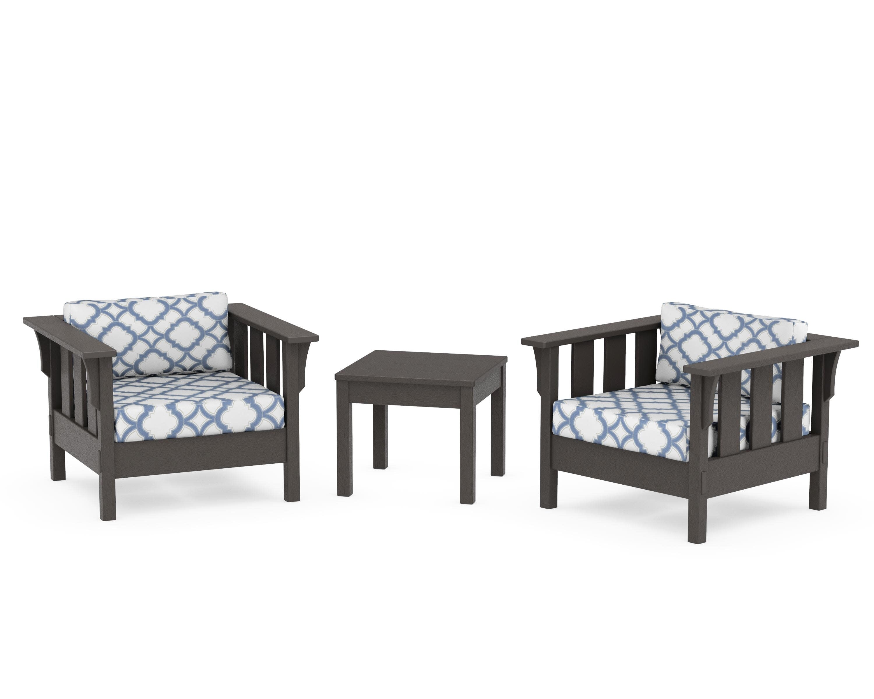 Acadia 3-Piece Deep Seating Set in Vintage Coffee / Trellis Sky Blue