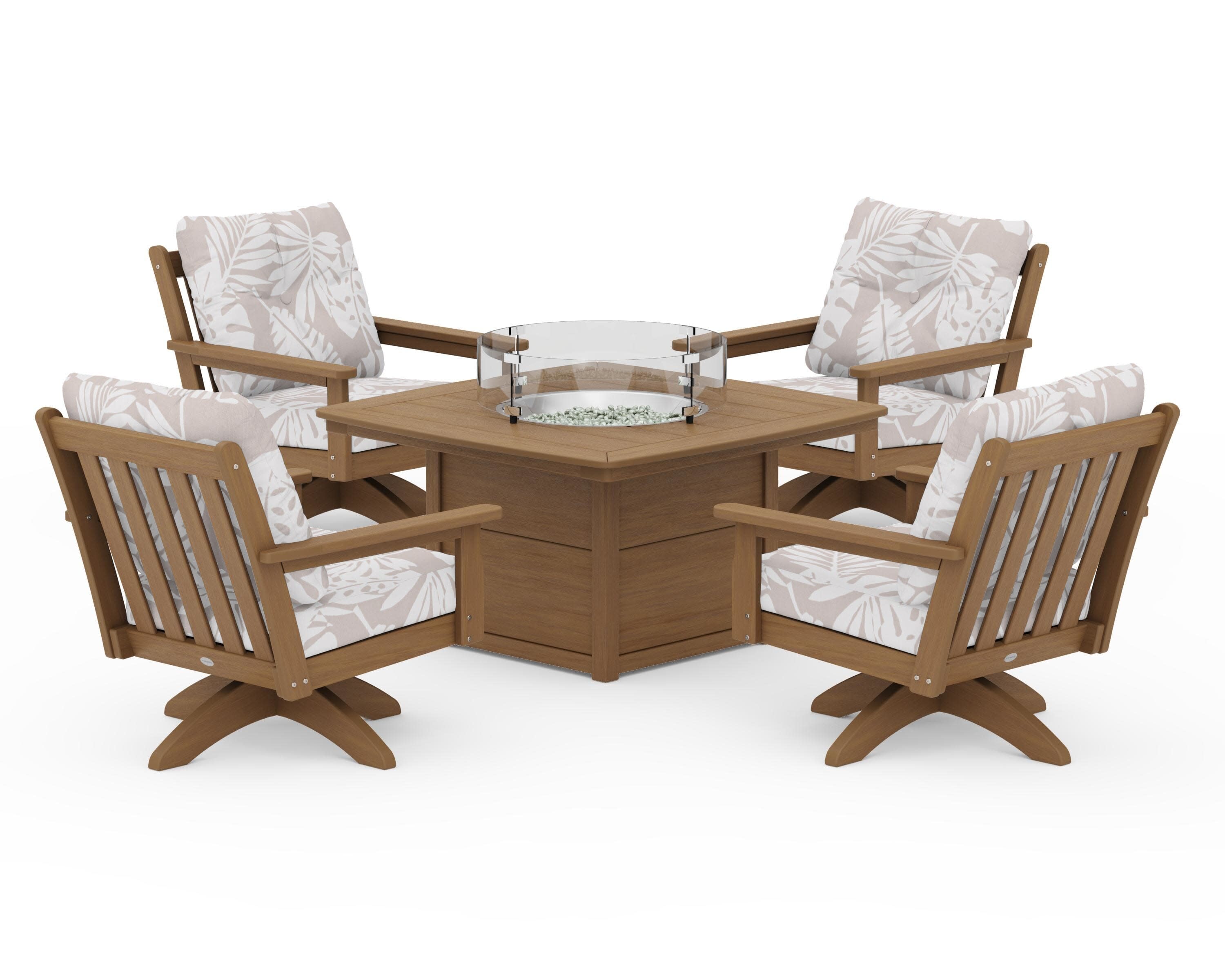 Vineyard 5-Piece Deep Seating Swivel Conversation Set with Fire Pit Table in Natural / Leaf Dune Burlap