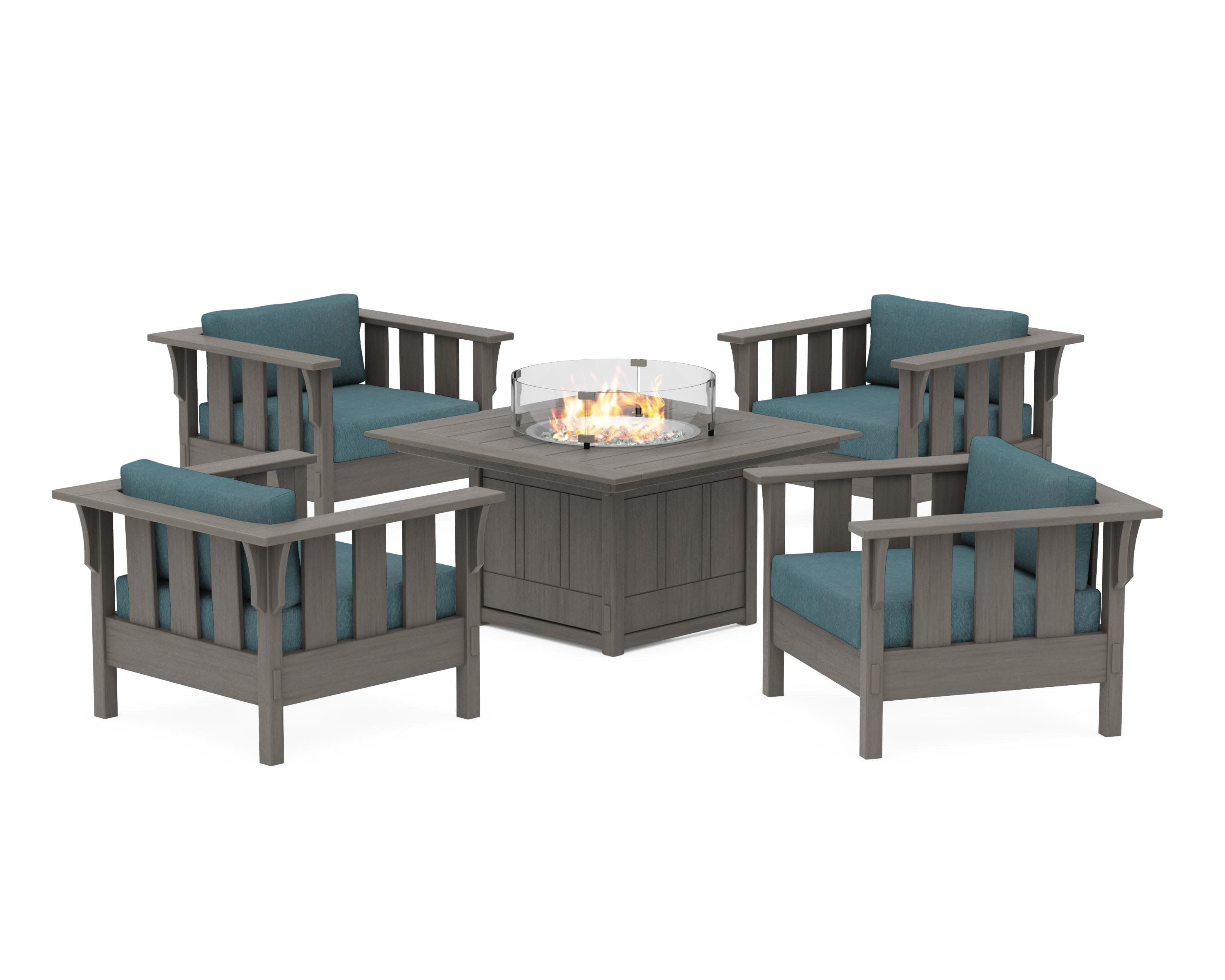 Acadia 5-Piece Deep Seating Set with Fire Pit Table in Driftwood / Ocean Teal