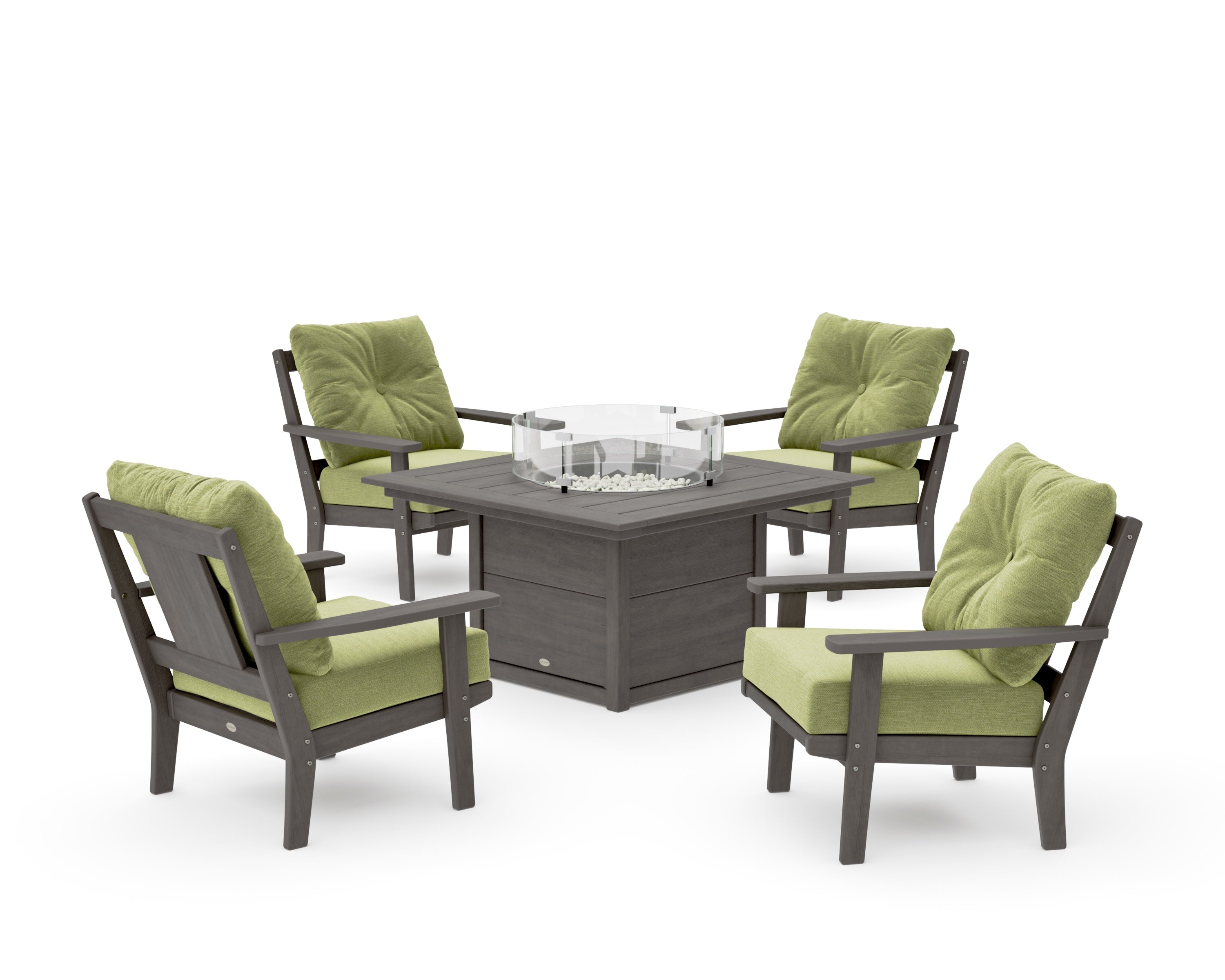 Prairie 5-Piece Deep Seating Set with Fire Pit Table in Driftwood / Chartreuse Boucle