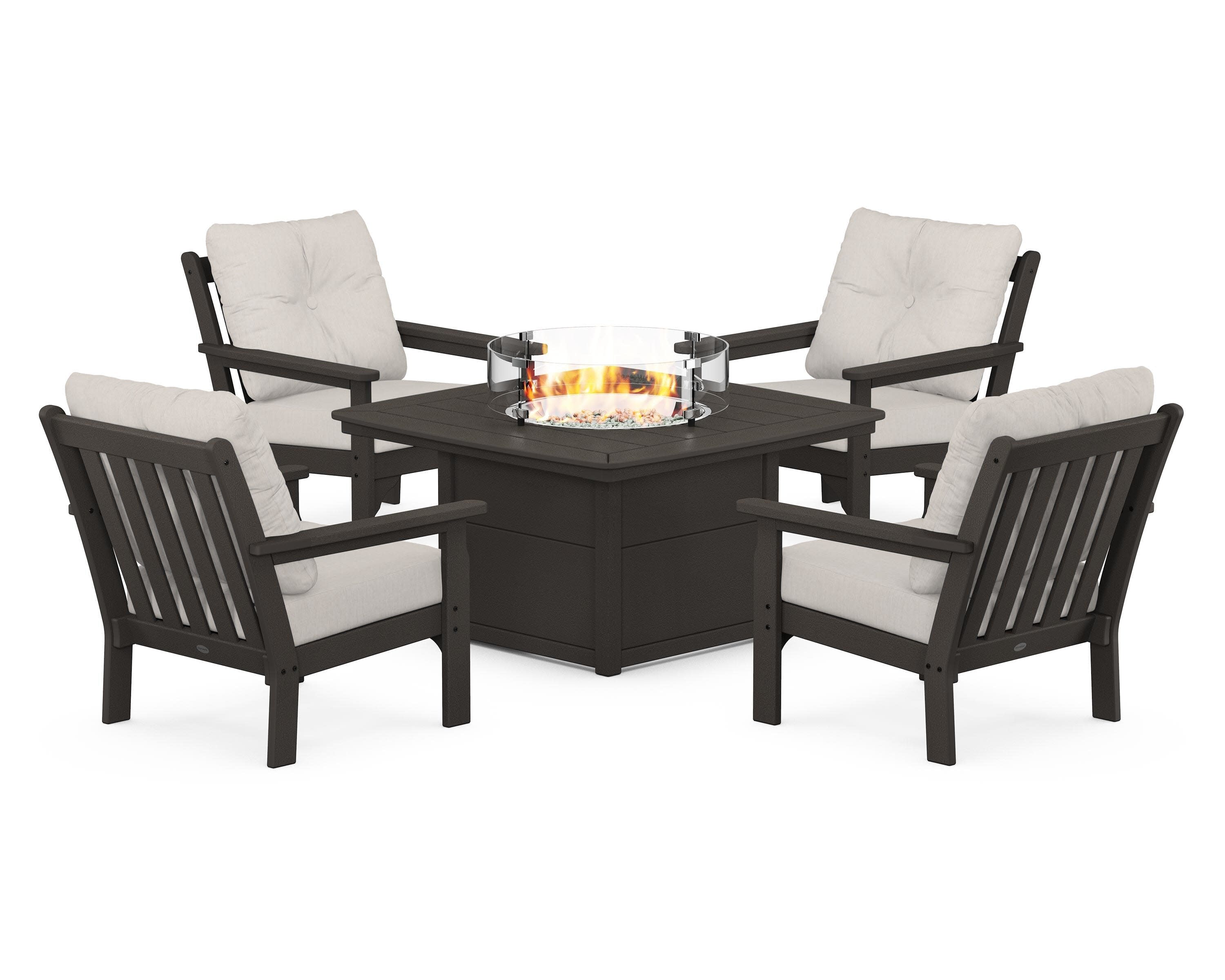 Vineyard 5-Piece Conversation Set with Fire Pit Table in Vintage Coffee / Cast Ash