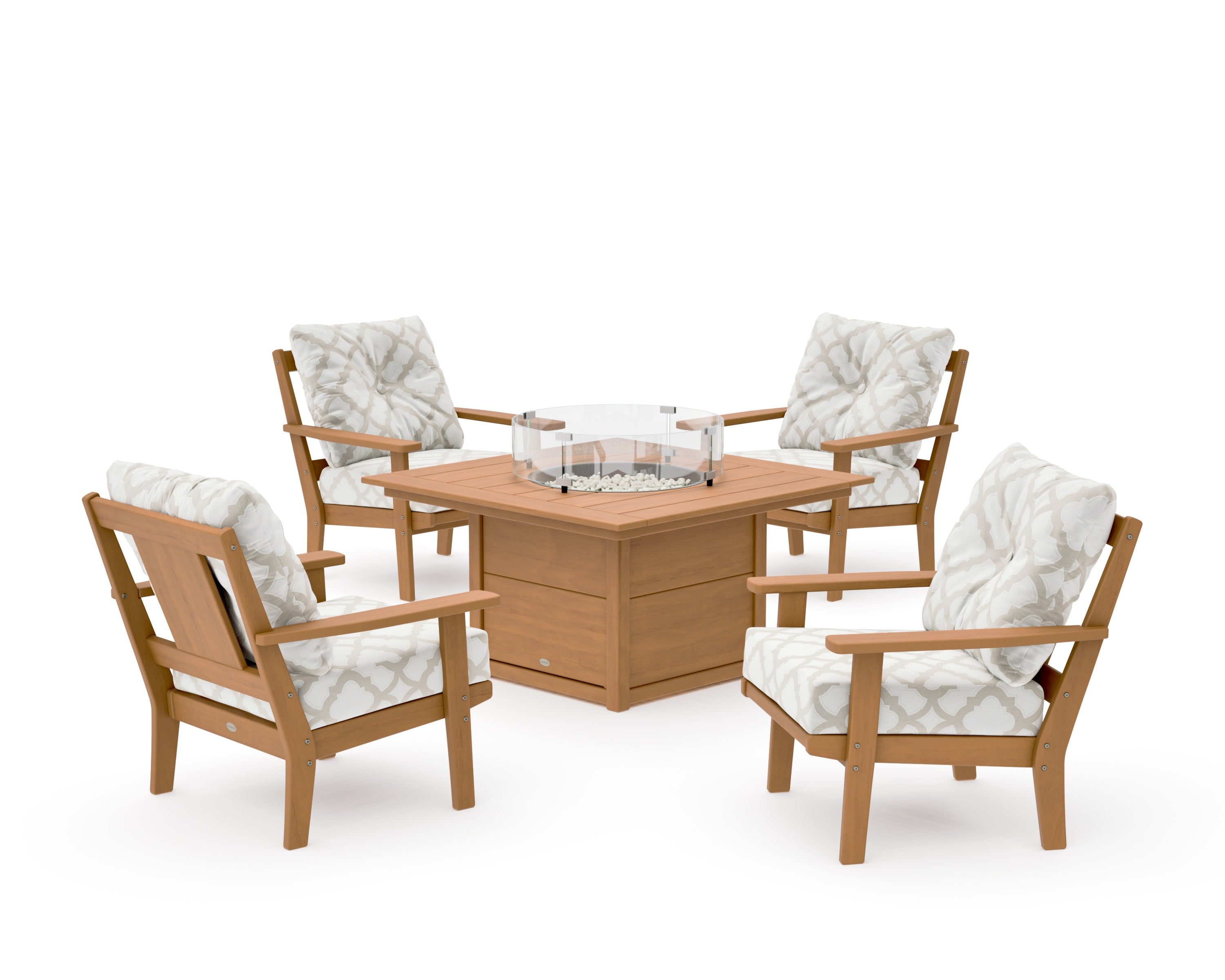 Prairie 5-Piece Deep Seating Set with Fire Pit Table in Natural / Trellis Dune Burlap