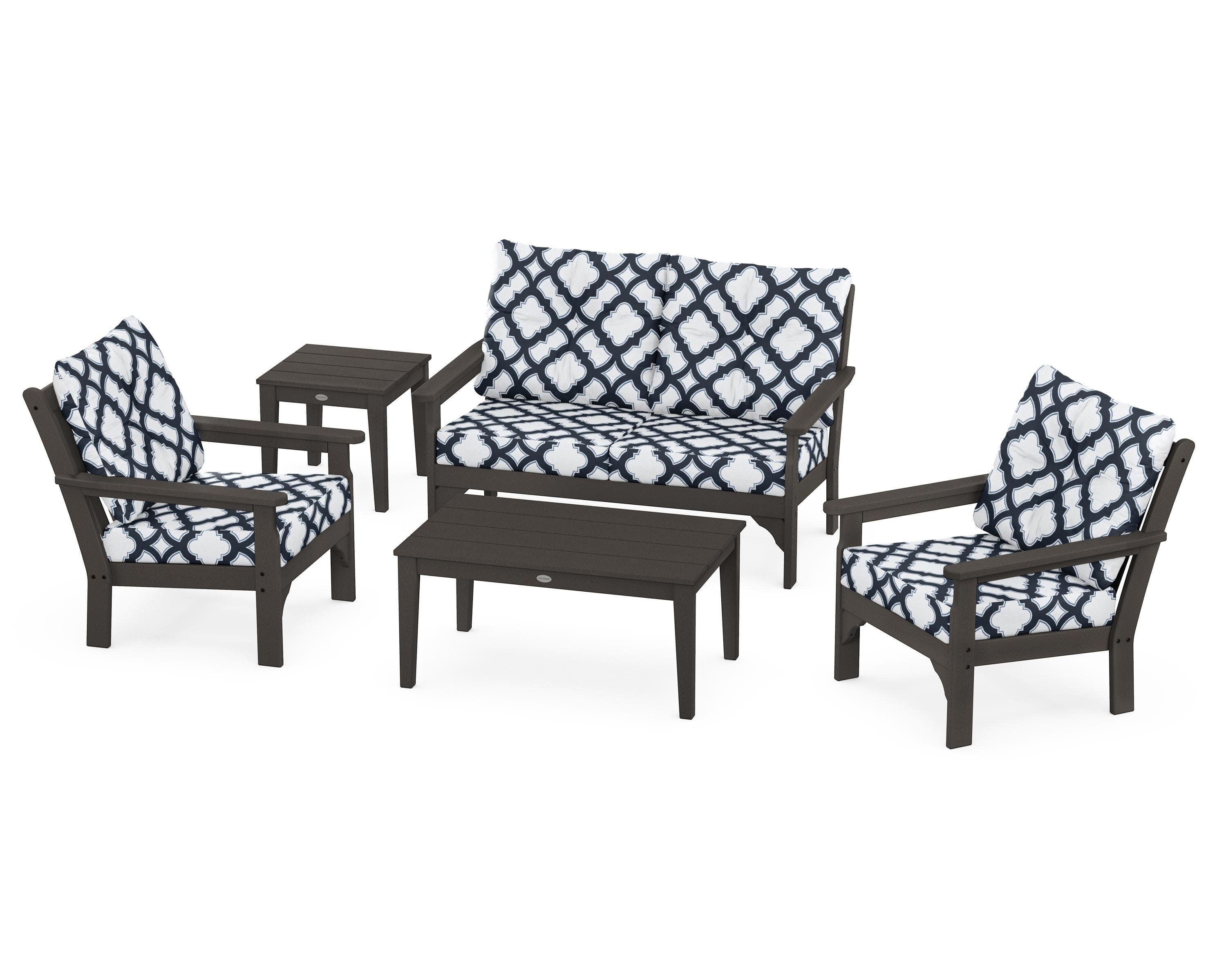 Vineyard 5-Piece Deep Seating Set in Vintage Coffee / Trellis Marine Indigo