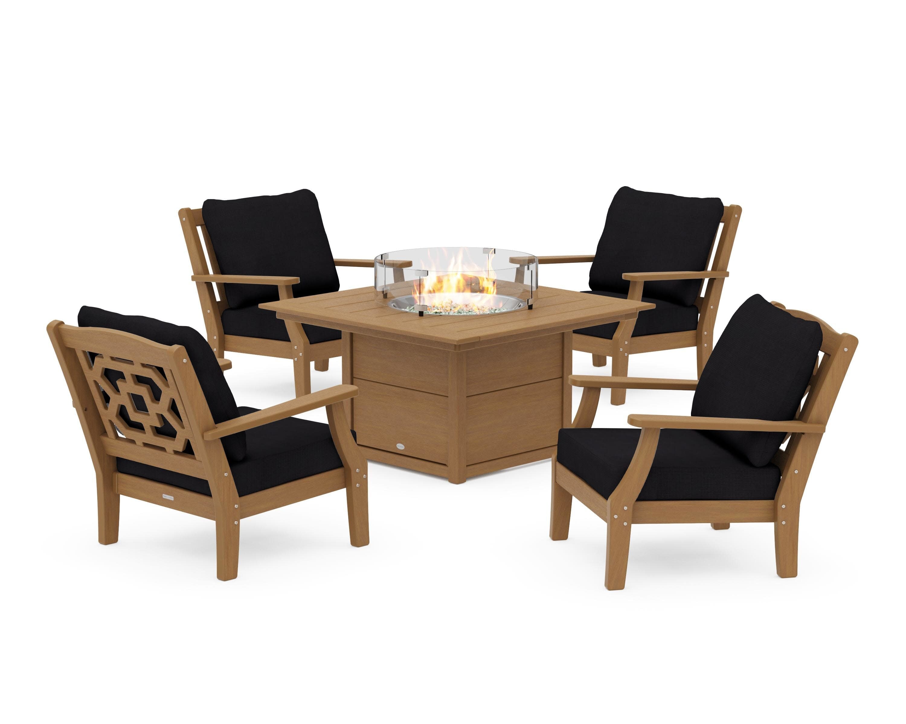 Chinoiserie 5-Piece Deep Seating Set with Fire Pit Table in Natural / Midnight Linen