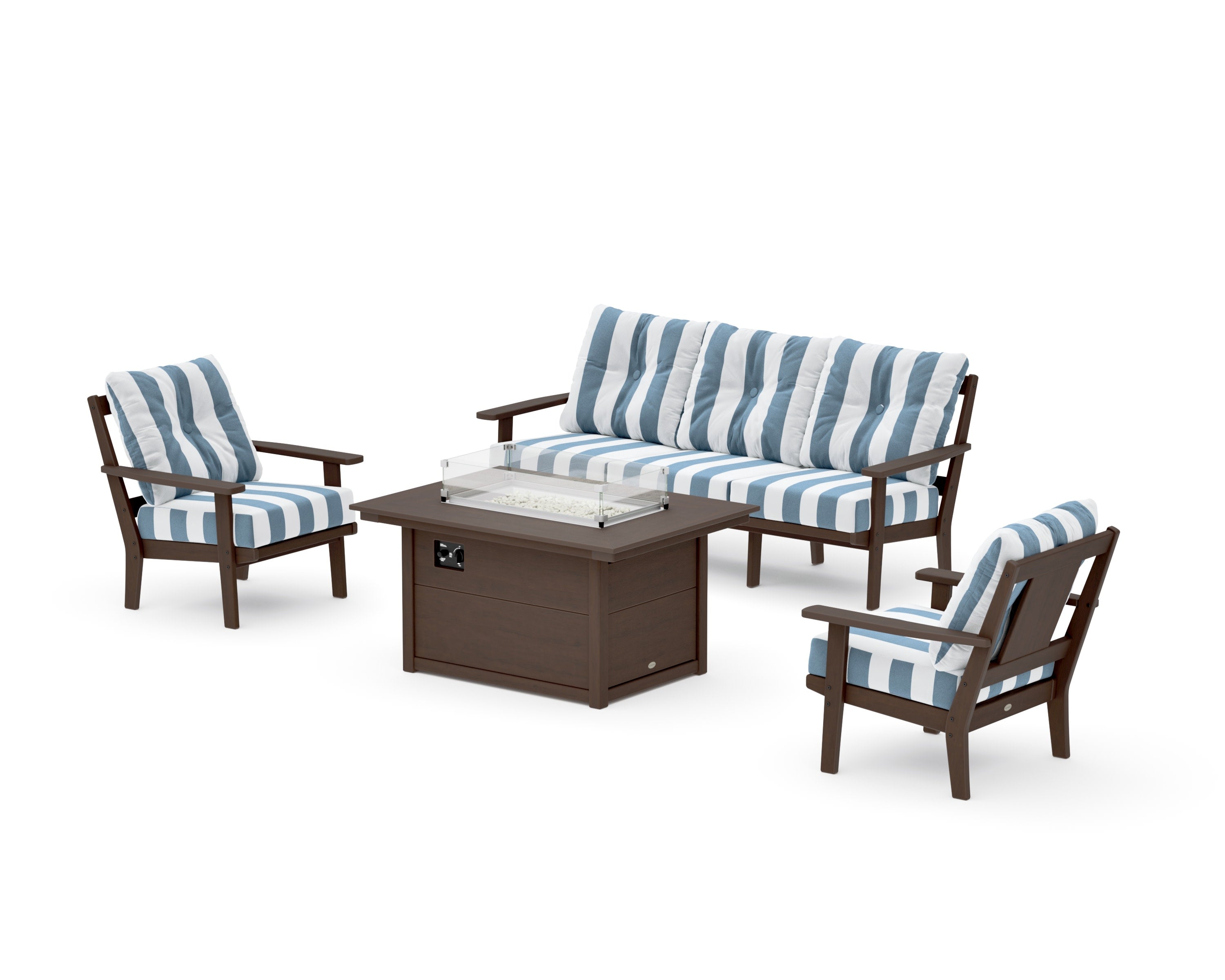 Prairie Deep Seating Fire Pit Table Set in Kona / Cabana Stripe Sky Blue
