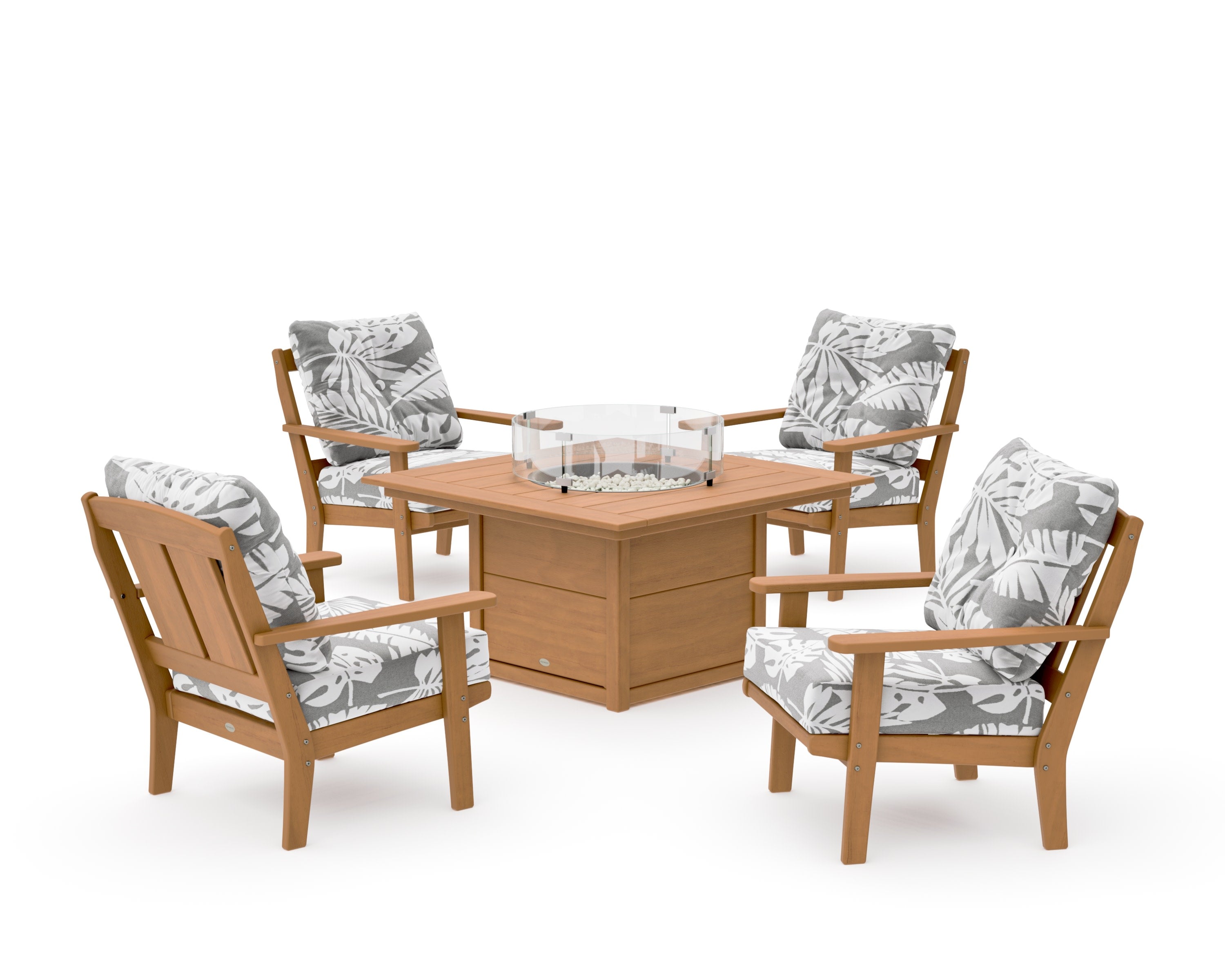 Mission 5-Piece Deep Seating Set with Fire Pit Table in Natural / Leaf Grey Mist