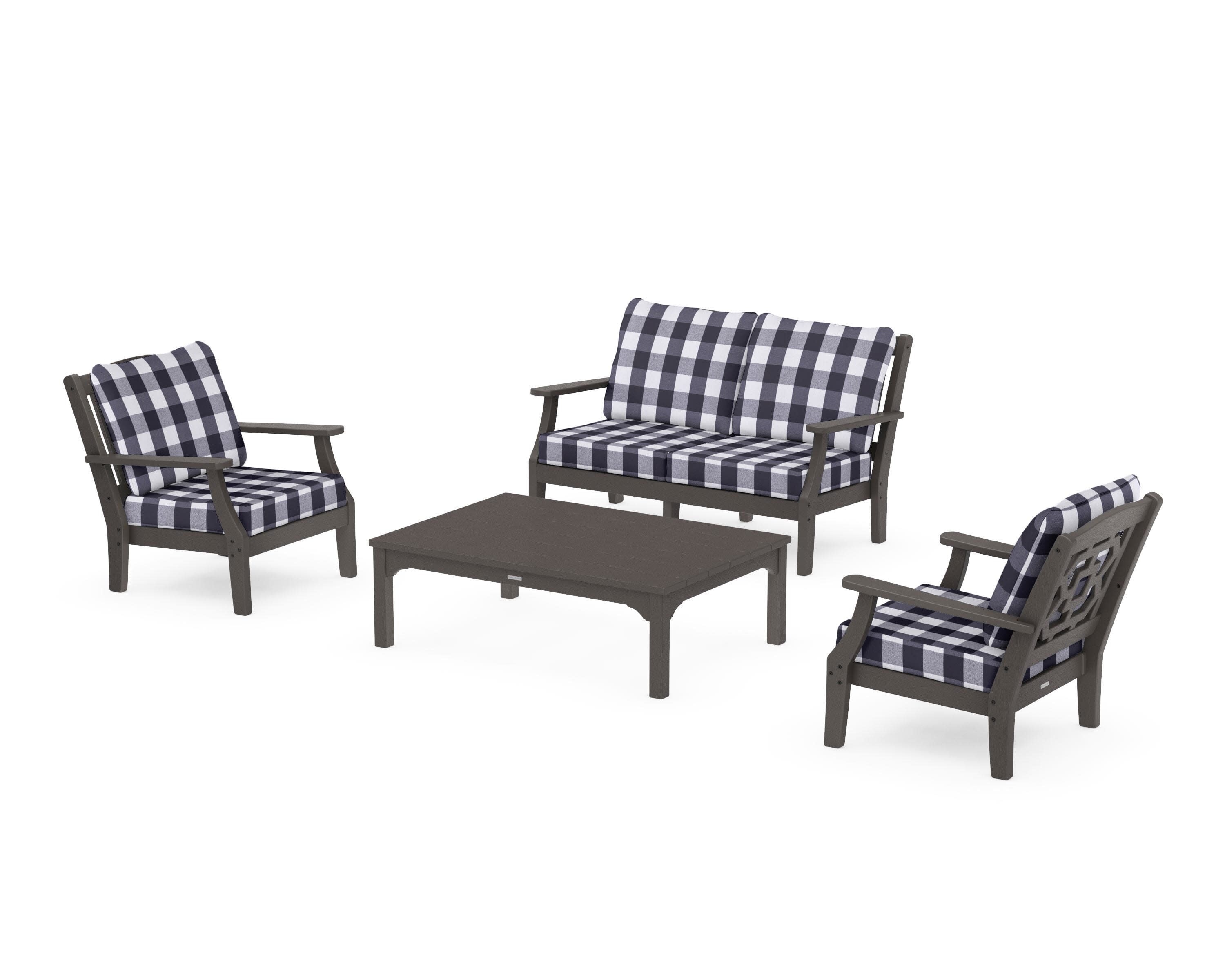 Chinoiserie 4-Piece Deep Seating Set with Loveseat in Vintage Coffee / Buffalo Plaid Navy