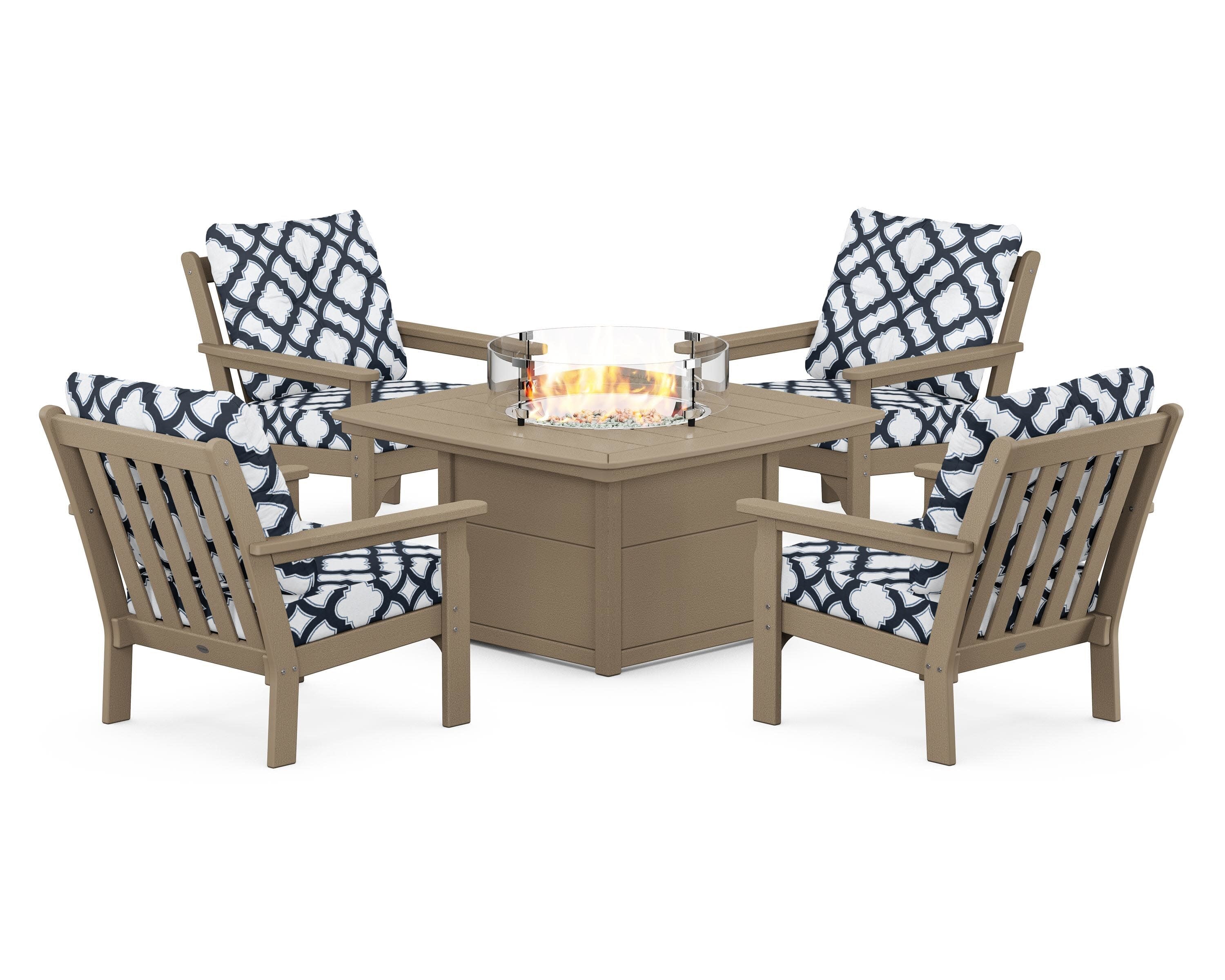 Vineyard 5-Piece Conversation Set with Fire Pit Table in Vintage Sahara / Trellis Marine Indigo