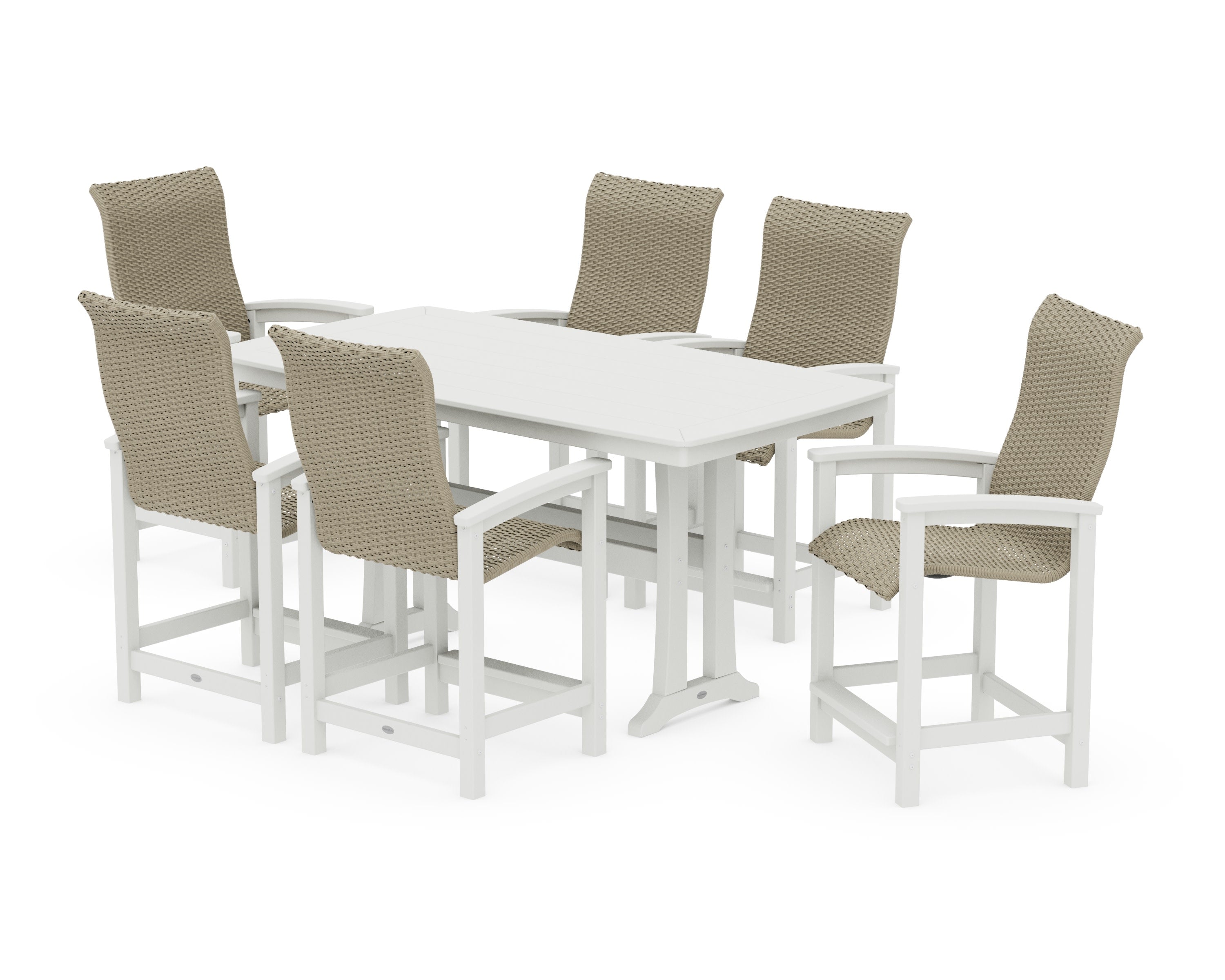 Coastal Woven High-Back Arm Chair 7-Piece Counter Set with Trestle Legs in White / Dune Grass