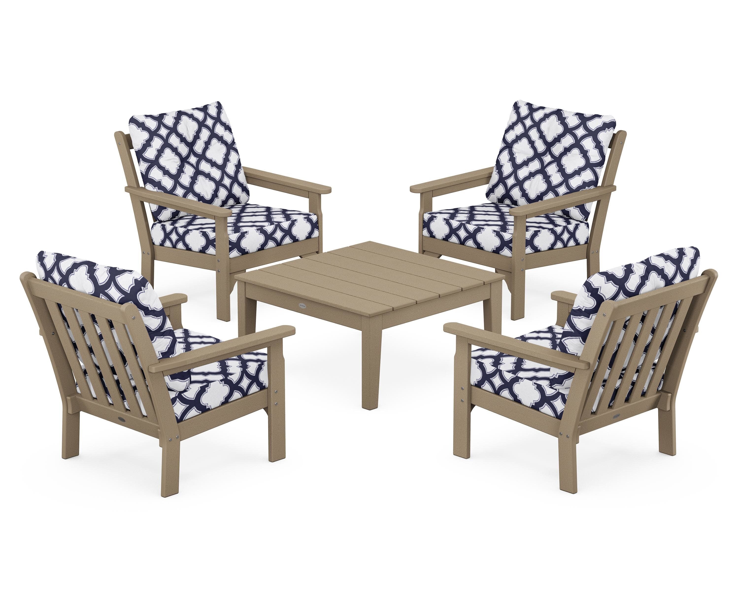 Vineyard 5-Piece Deep Seating Conversation Set in Vintage Sahara / Trellis Navy
