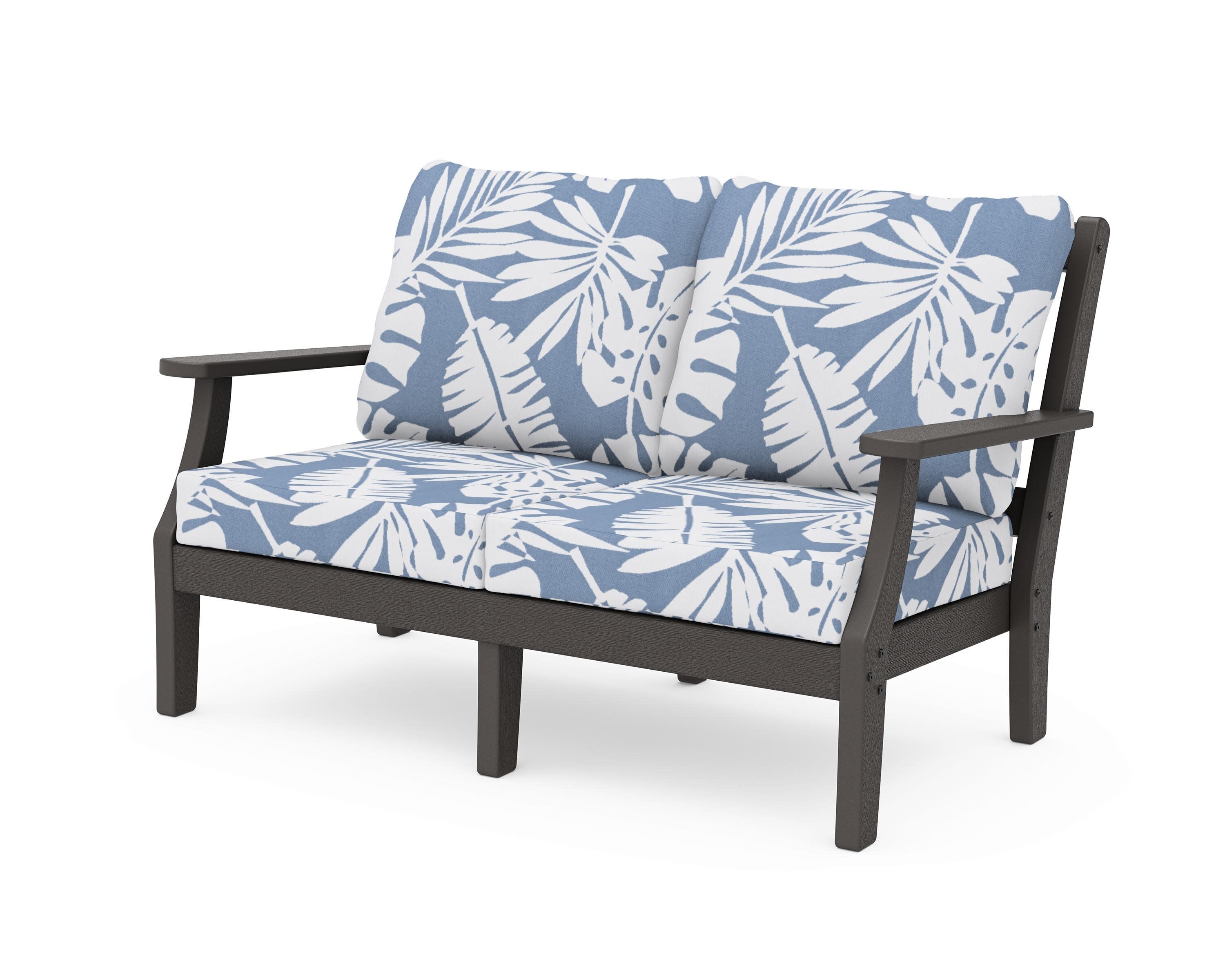 Chinoiserie Deep Seating Loveseat in Vintage Coffee / Leaf Sky Blue