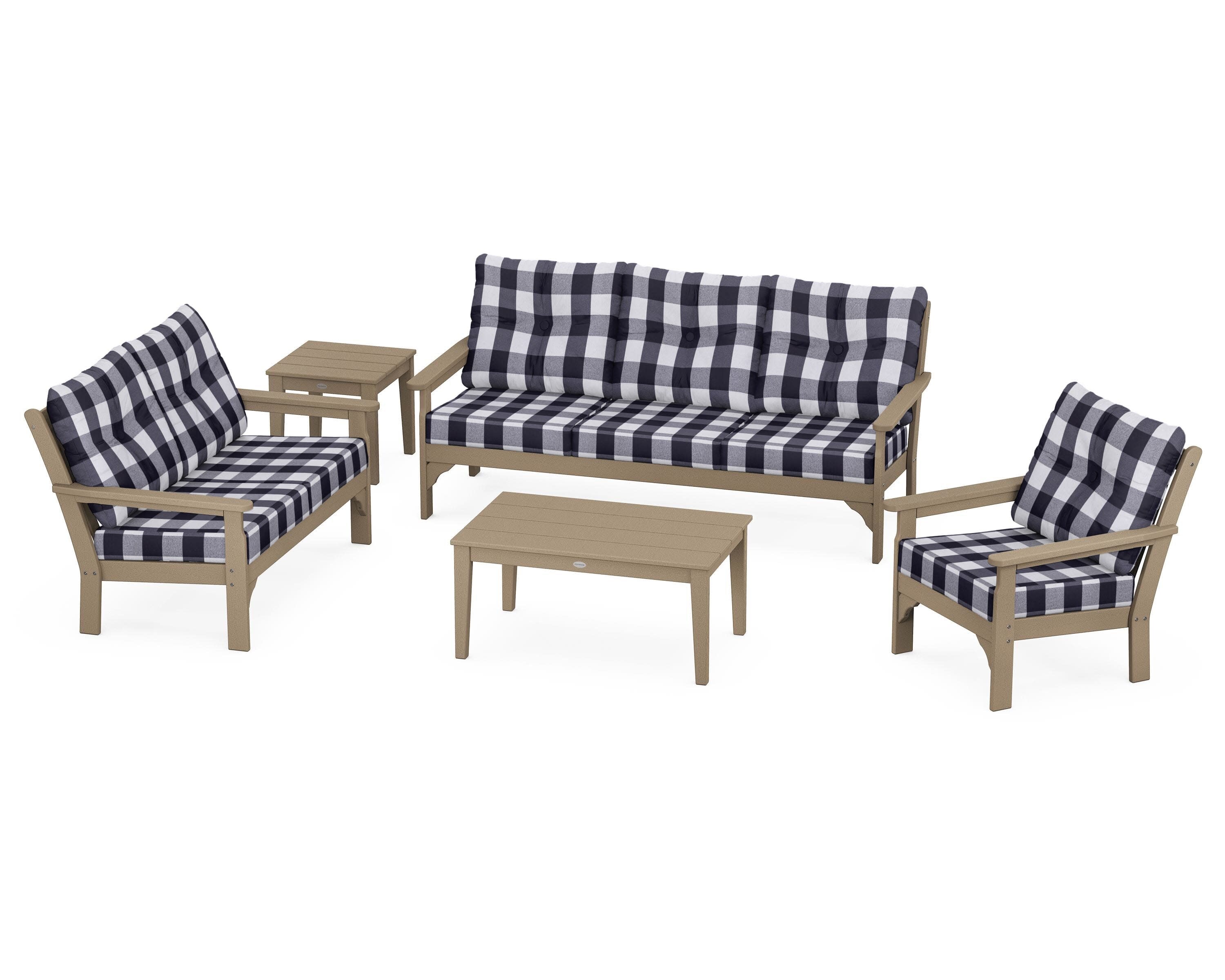 Vineyard 5 Piece Deep Seating Set in Vintage Sahara / Buffalo Plaid Navy