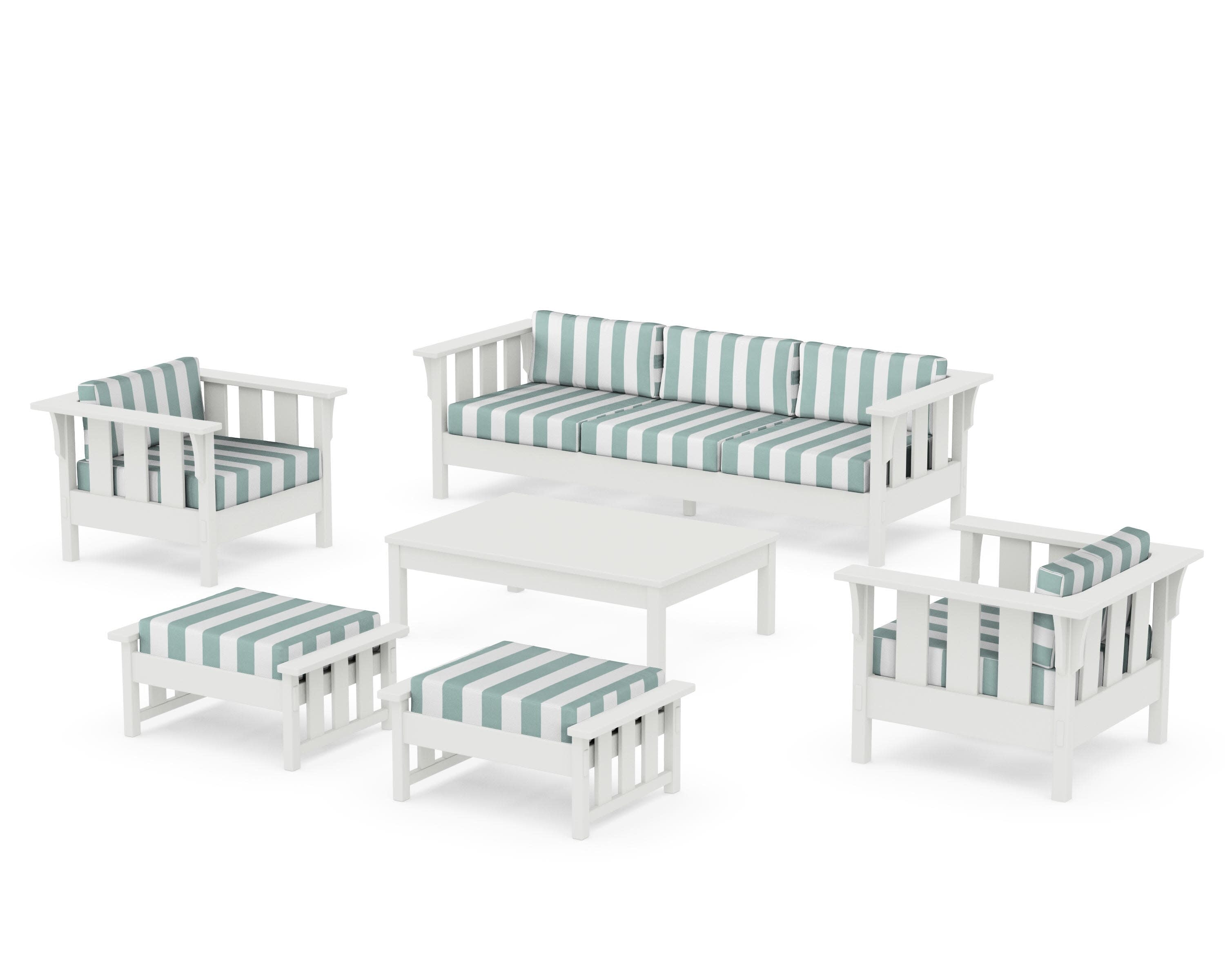 Acadia 6-Piece Lounge Sofa Set in Vintage White / Cabana Stripe Glacier Spa