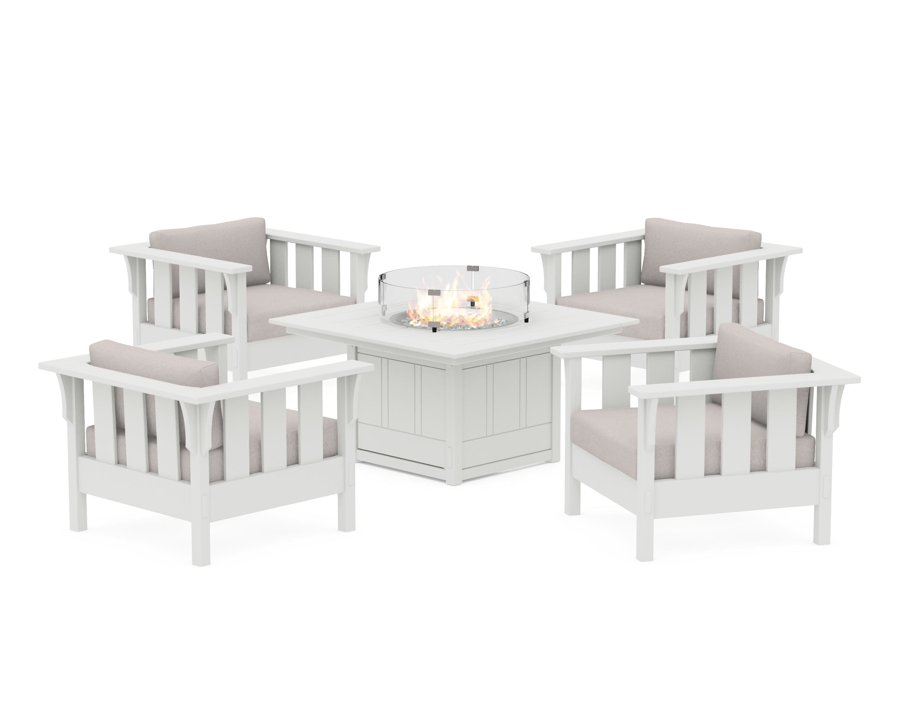 Acadia 5-Piece Deep Seating Set with Fire Pit Table in Vintage White / Dune Burlap