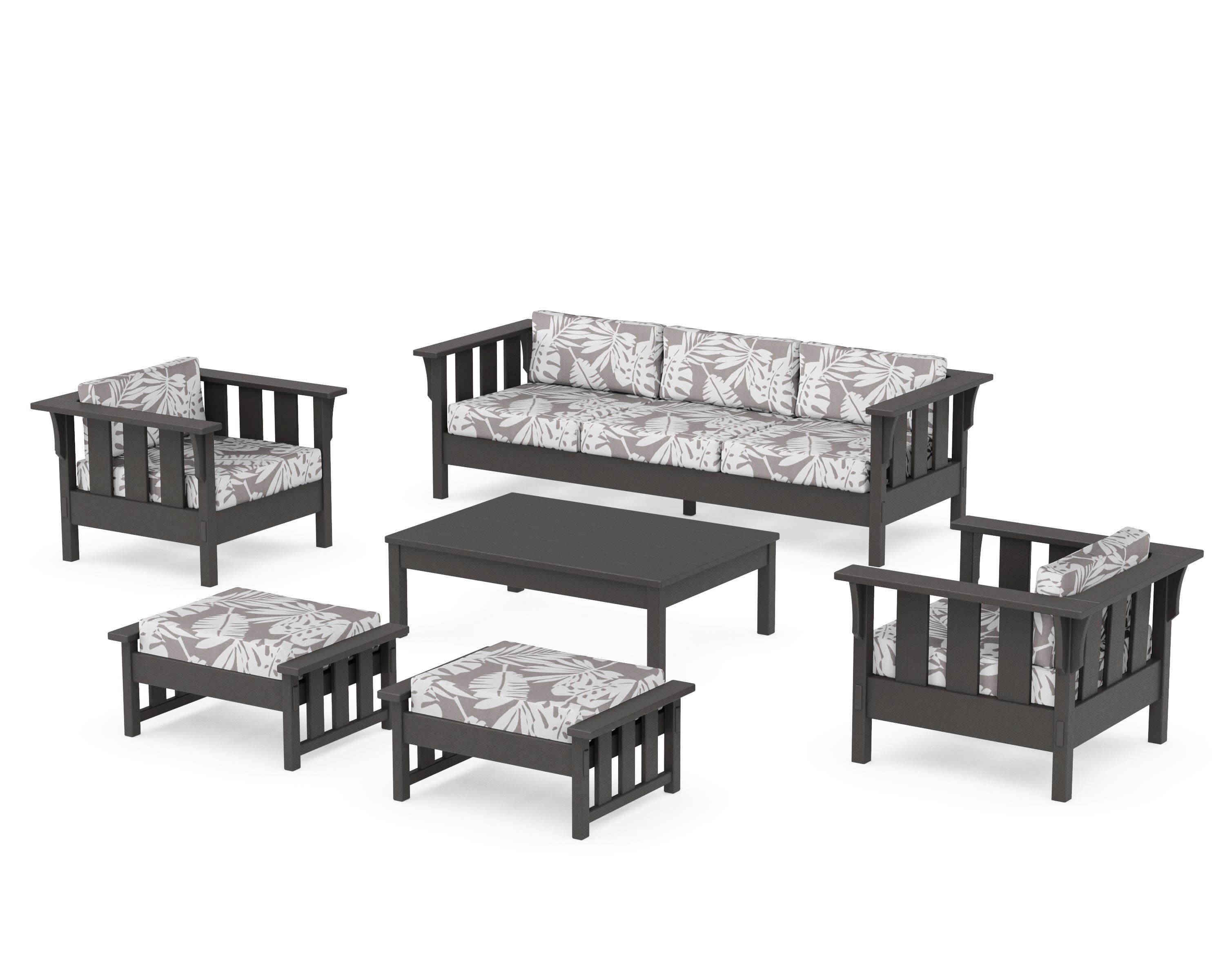 Acadia 6-Piece Lounge Sofa Set in Vintage Coffee / Leaf Grey Mist