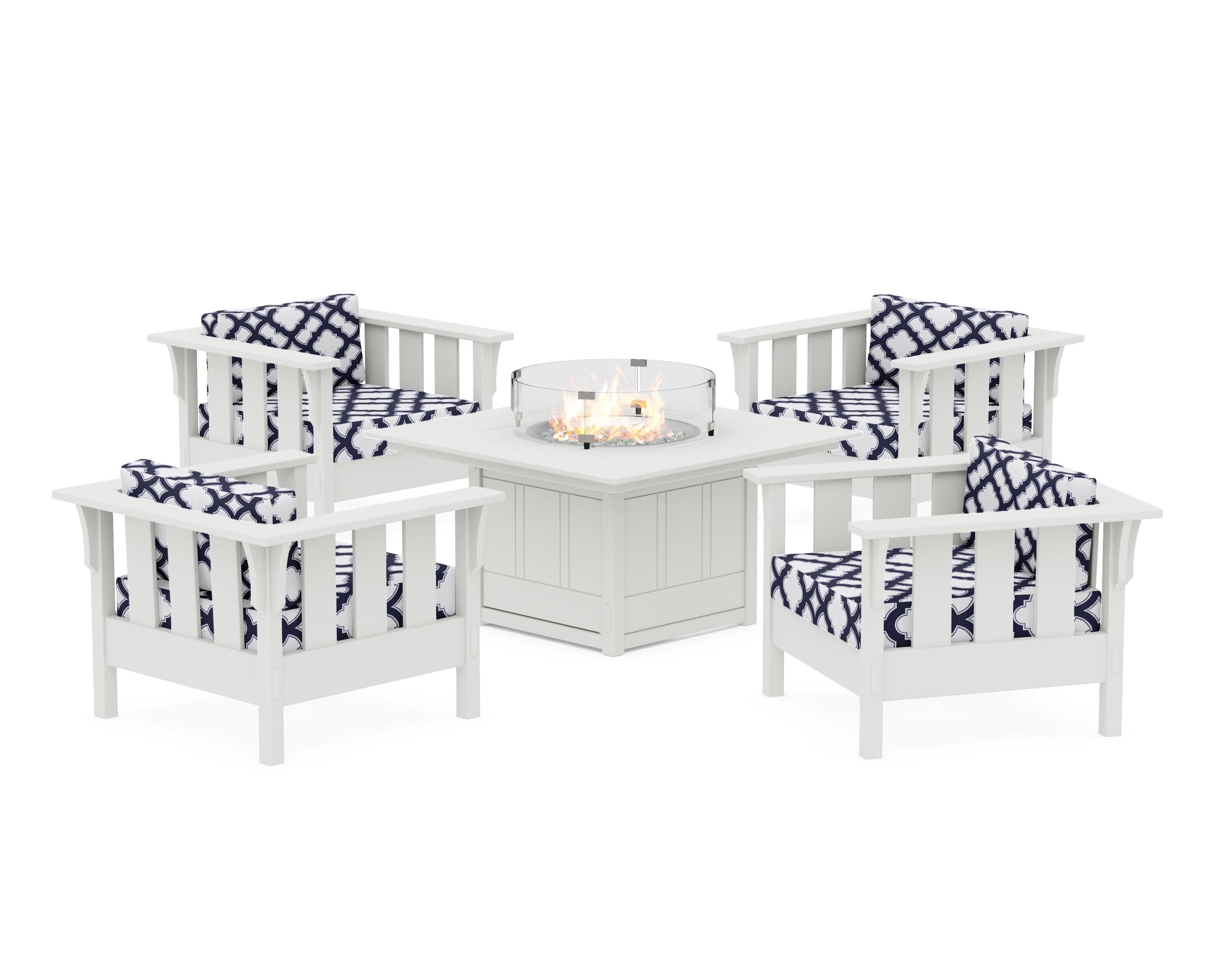 Acadia 5-Piece Deep Seating Set with Fire Pit Table in Vintage White / Trellis Navy