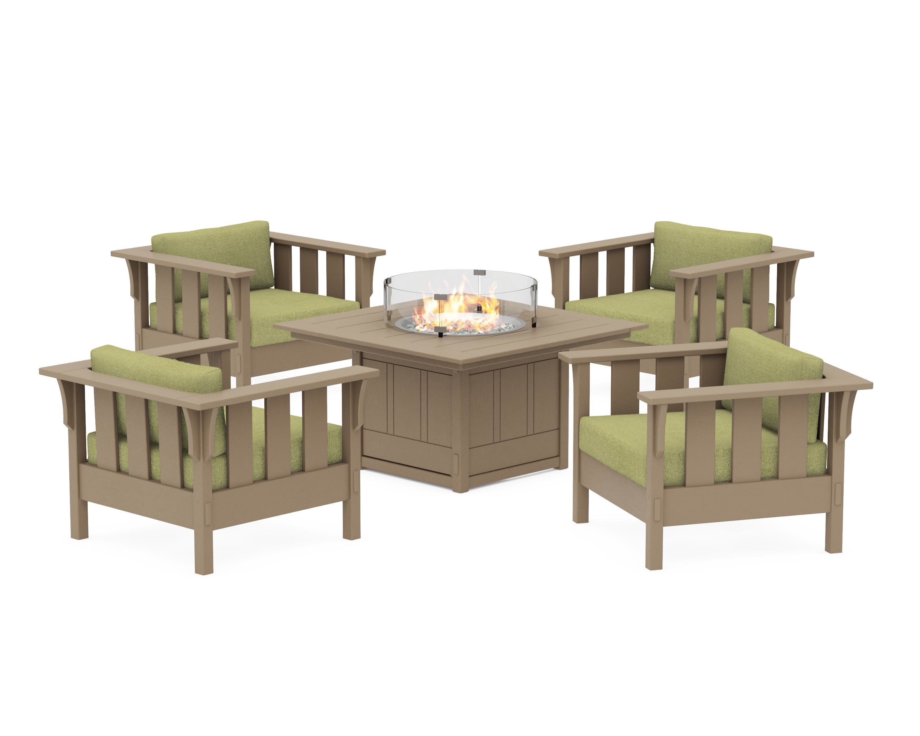 Acadia 5-Piece Deep Seating Set with Fire Pit Table in Vintage Sahara / Chartreuse Boucle