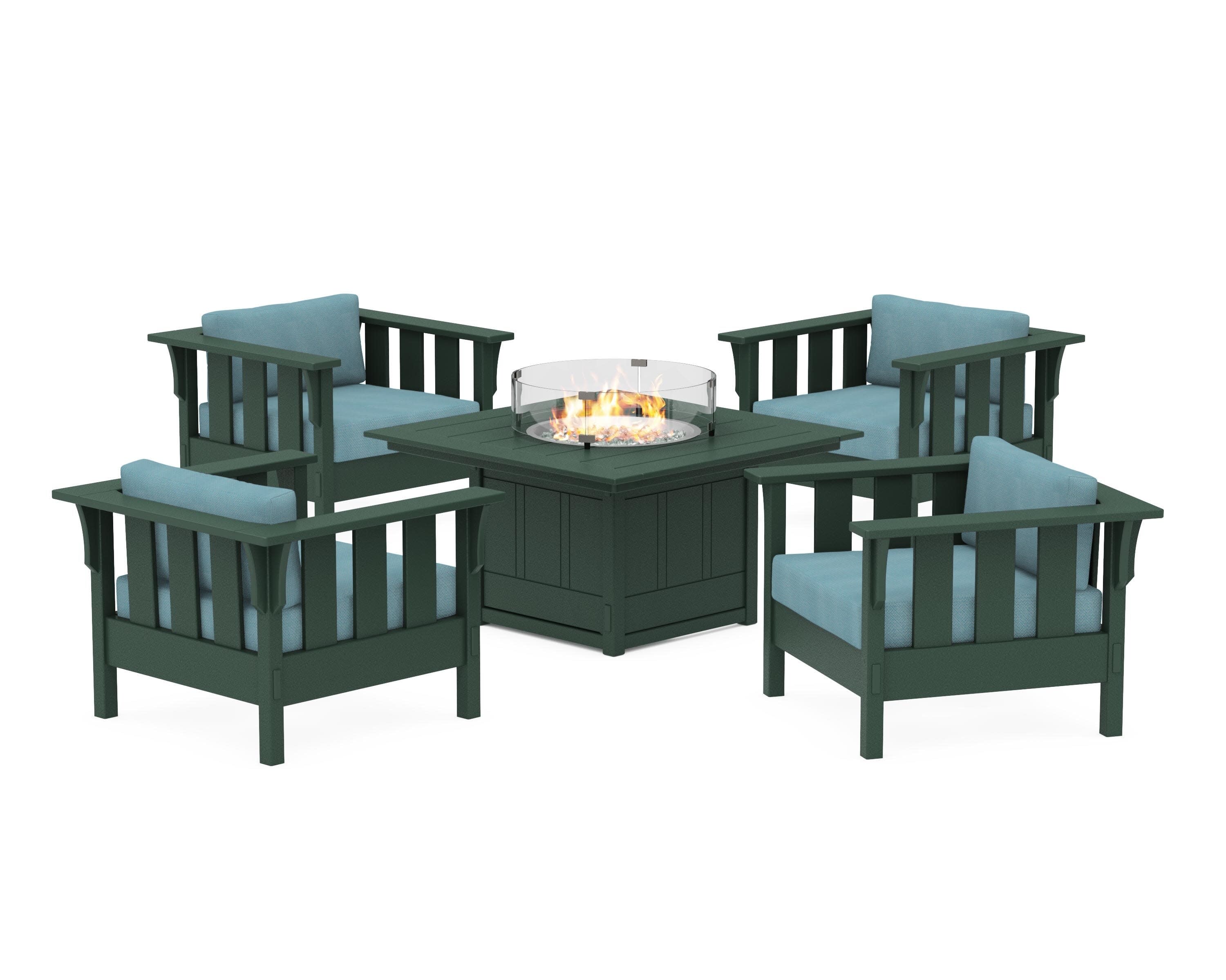 Acadia 5-Piece Deep Seating Set with Fire Pit Table in Green / Lattice Sky Blue