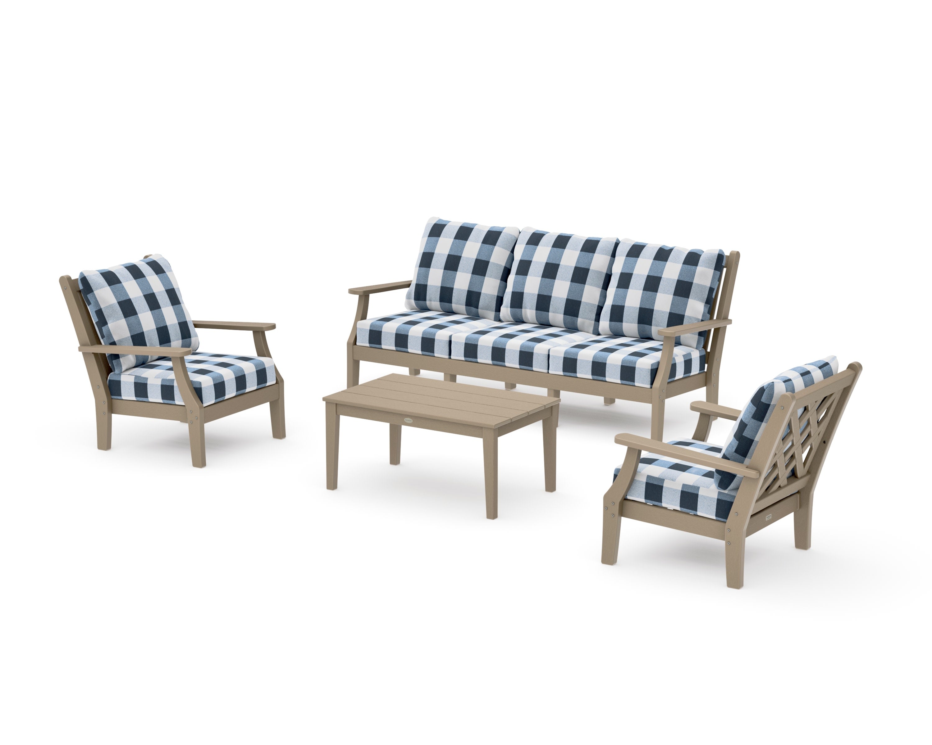 Wovendale 4-Piece Deep Seating Set with Sofa in Vintage Sahara / Buffalo Plaid Marine Indigo