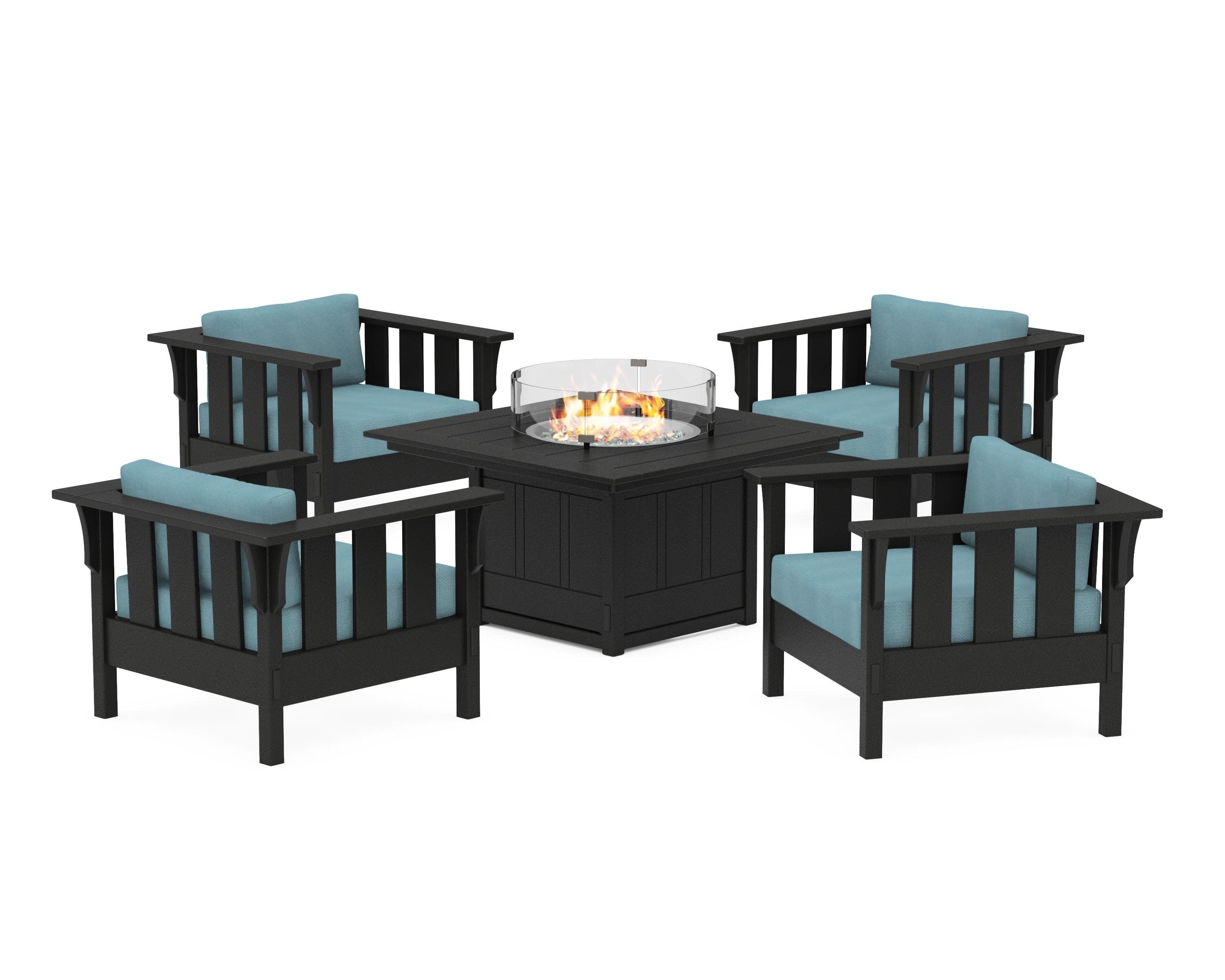 Acadia 5-Piece Deep Seating Set with Fire Pit Table in Black / Lattice Sky Blue