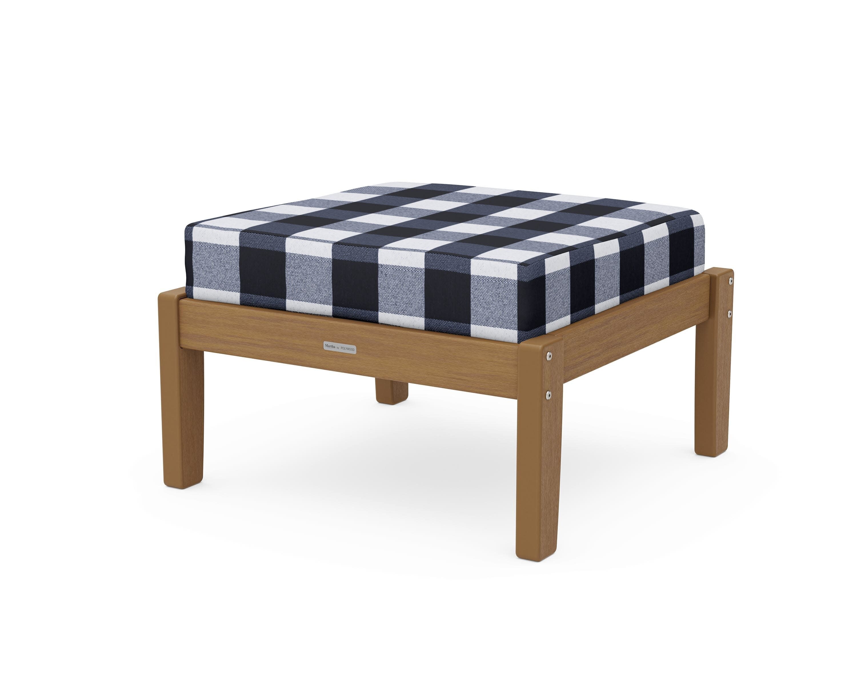 Chinoiserie Deep Seating Ottoman in Natural / Buffalo Plaid Marine Indigo