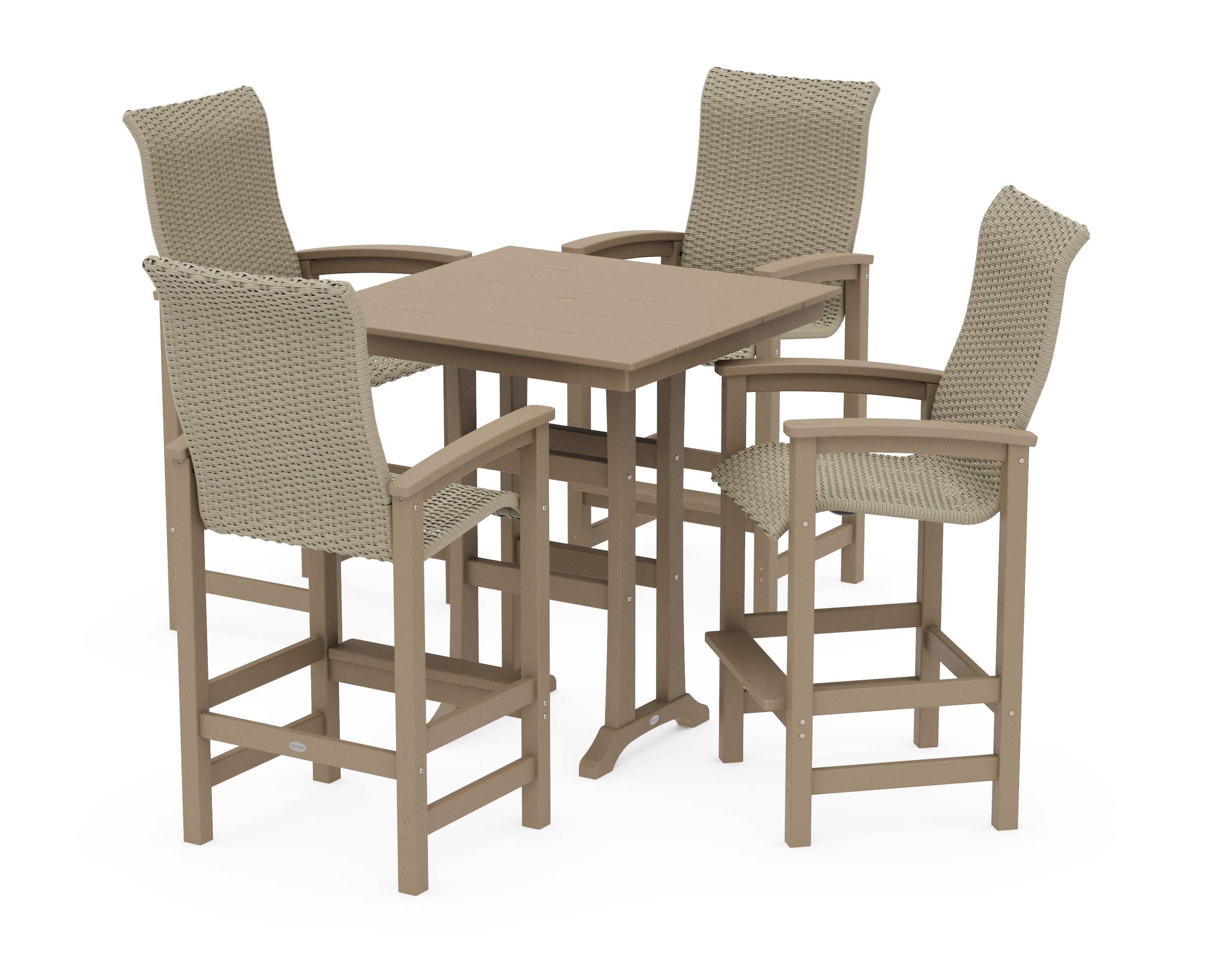 Coastal Woven High-Back 5-Piece Farmhouse Bar Set with Trestle Legs in Vintage Sahara / Dune Grass