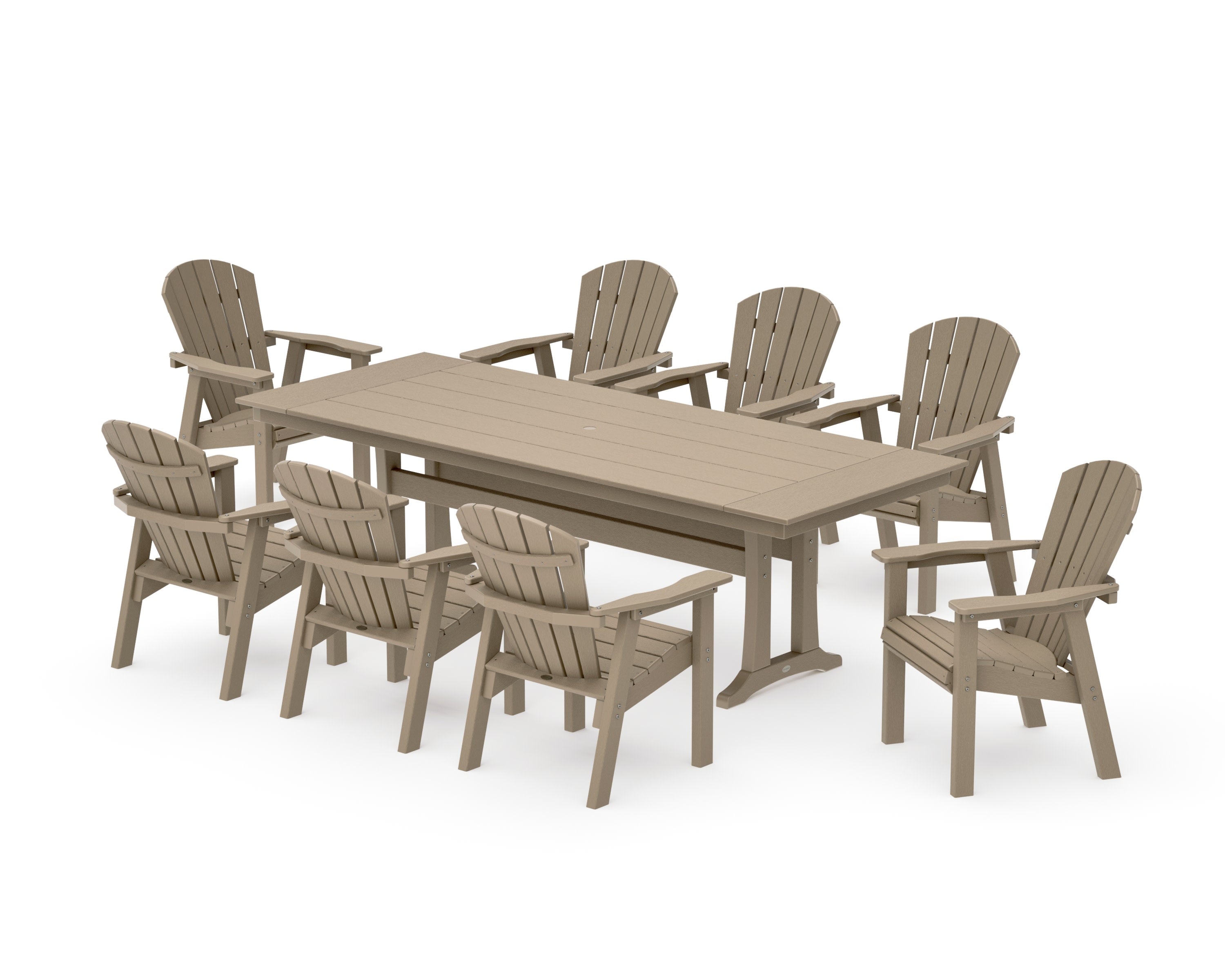 Seashell 9-Piece Farmhouse Dining Set with Trestle Legs in Vintage Sahara