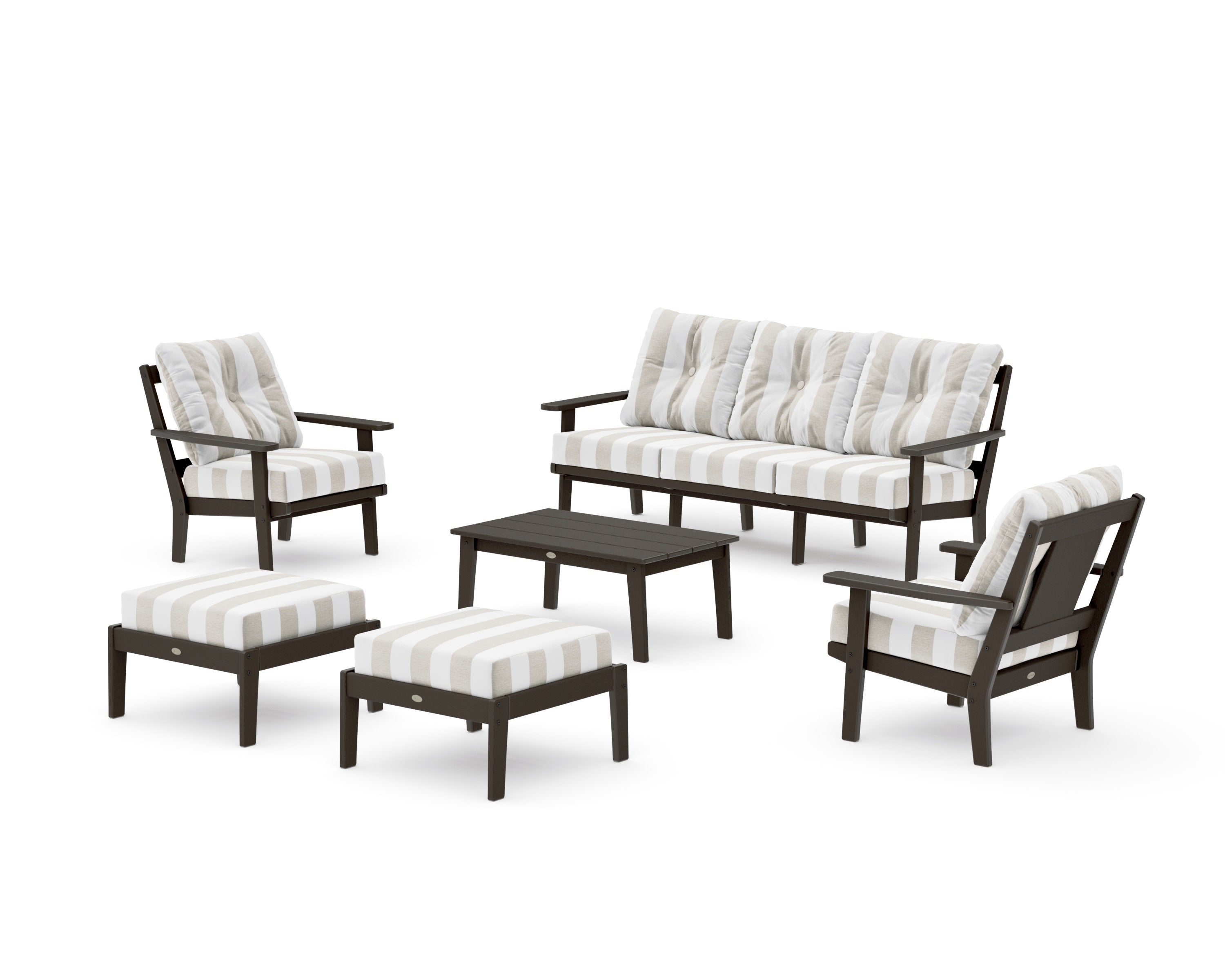 Prairie 6-Piece Lounge Sofa Set in Vintage Coffee / Cabana Stripe Dune Burlap