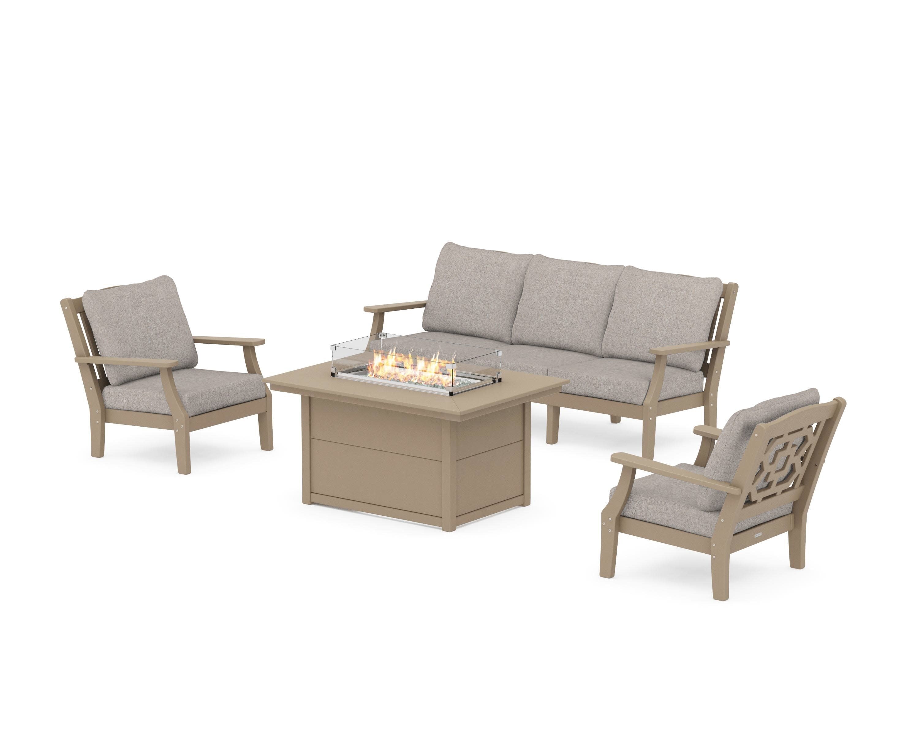 Chinoiserie Deep Seating Fire Pit Table Set in Vintage Sahara / Weathered Tweed