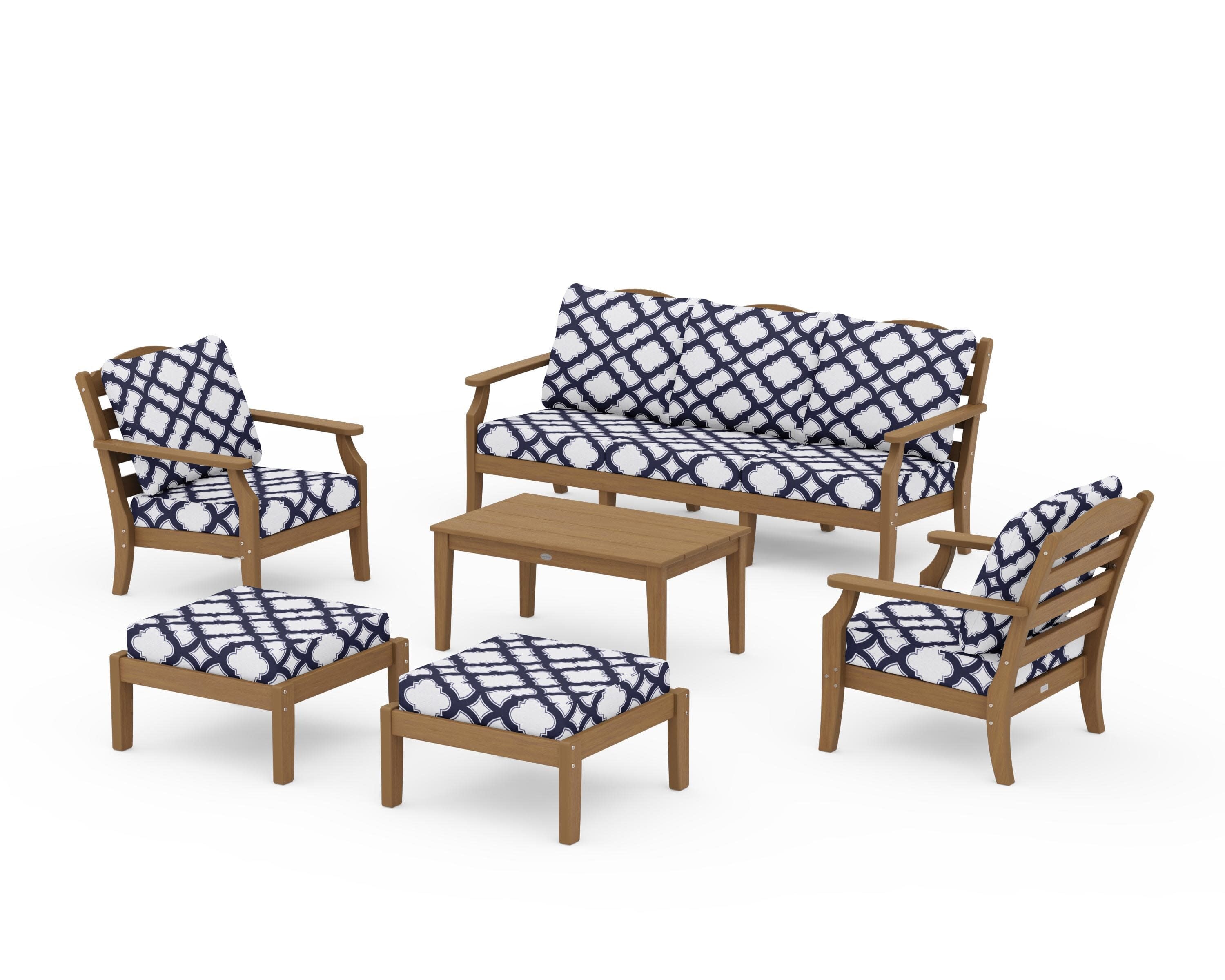 Savannah 6-Piece Lounge Sofa Set in Natural / Trellis Navy