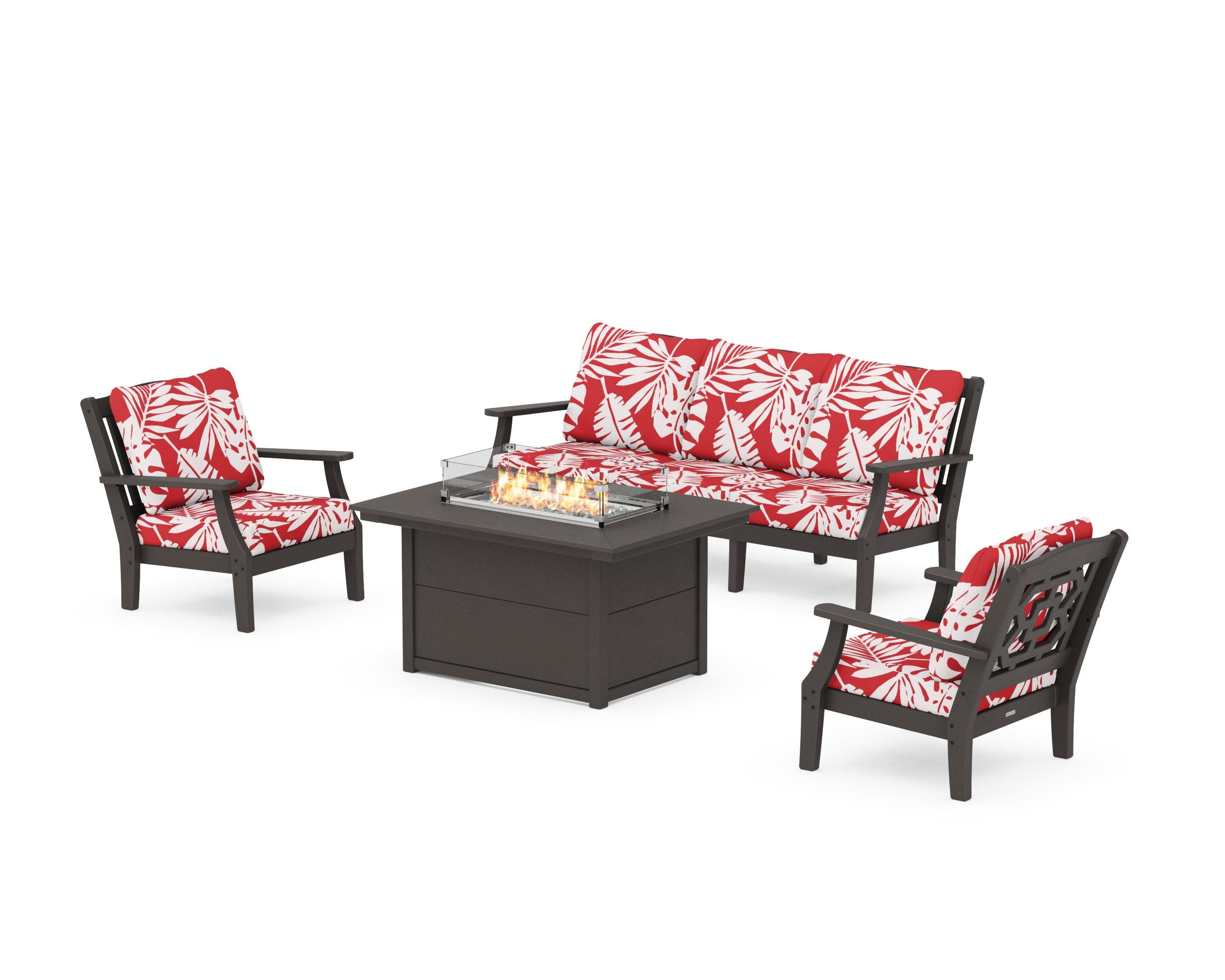 Chinoiserie Deep Seating Fire Pit Table Set in Vintage Coffee / Leaf Crimson