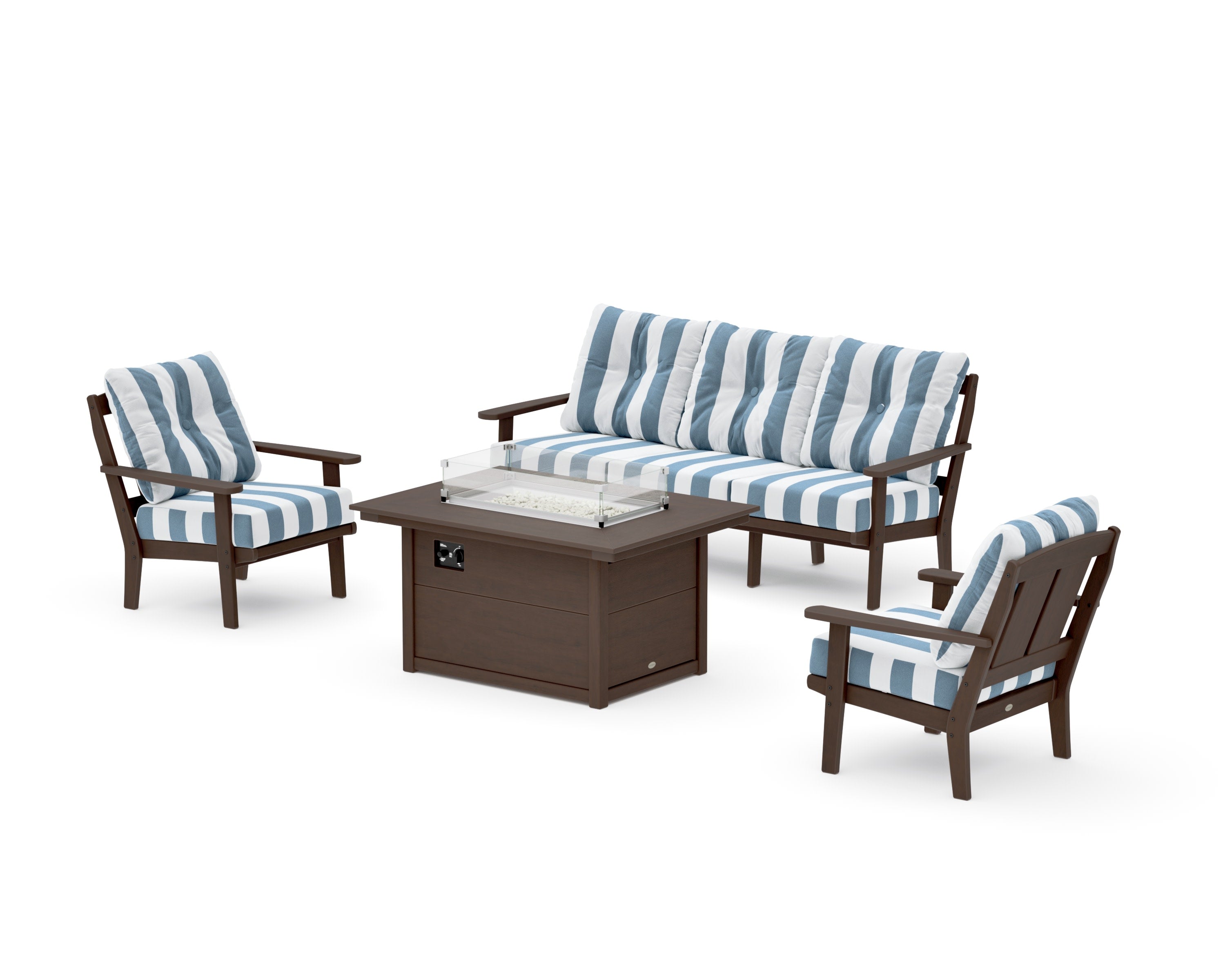 Mission Deep Seating Fire Pit Table Set in Kona / Cabana Stripe Sky Blue