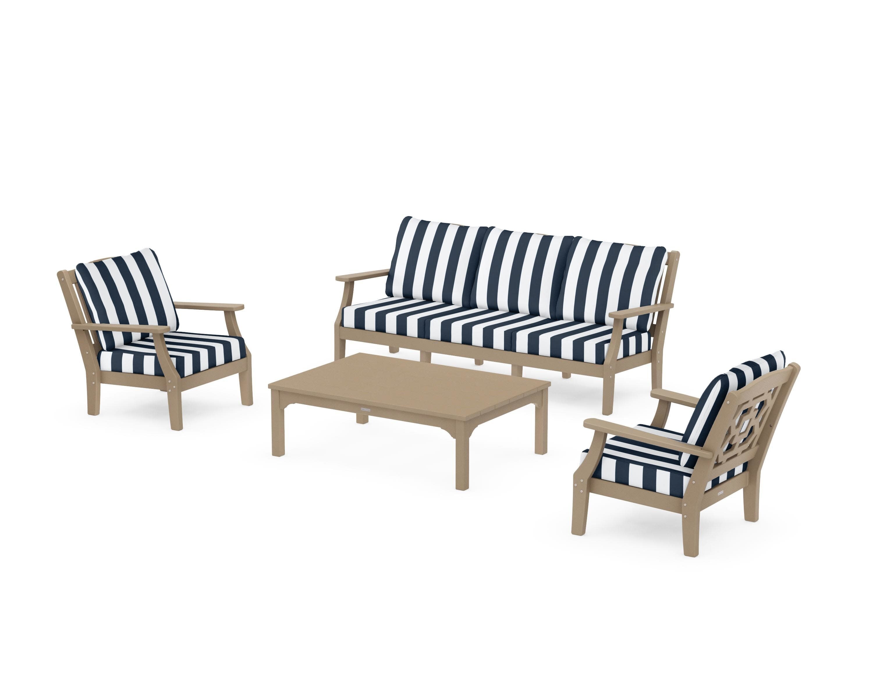 Chinoiserie 4-Piece Deep Seating Set with Sofa in Vintage Sahara / Cabana Stripe Marine Indigo